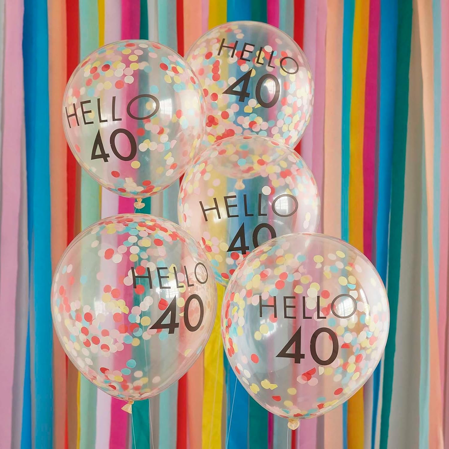 Ginger Ray Mix It up Brights Hello 40 Milestone Birthday Latex Balloons, 30 Cm Size (Pack of 5) image number 1