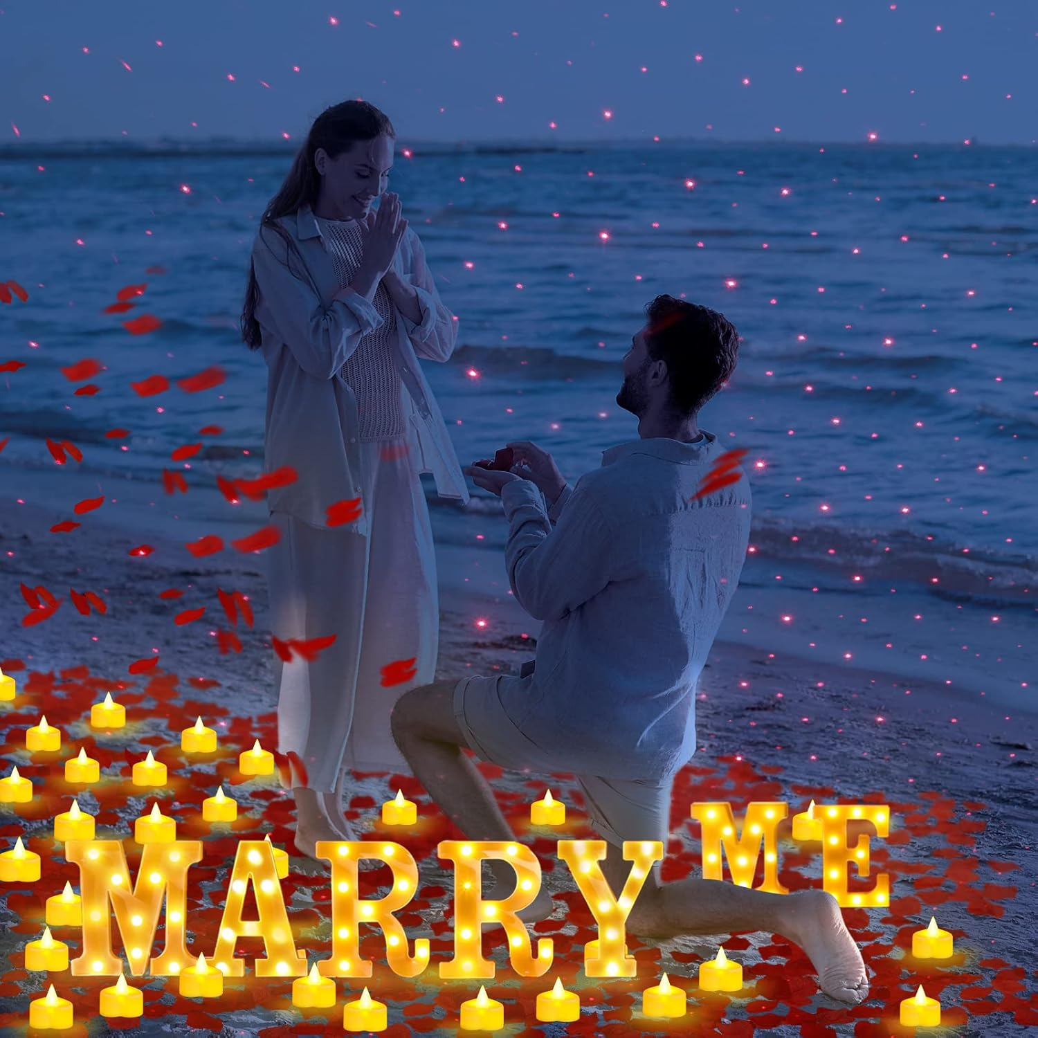 Hortsun Marry Me Light up Letters Proposal Decorations Will You Marry Me Sign Rose Petals 24 LED Candles Romantic Night Light for Proposal Engagement Wedding Outdoor(Red) image number 1