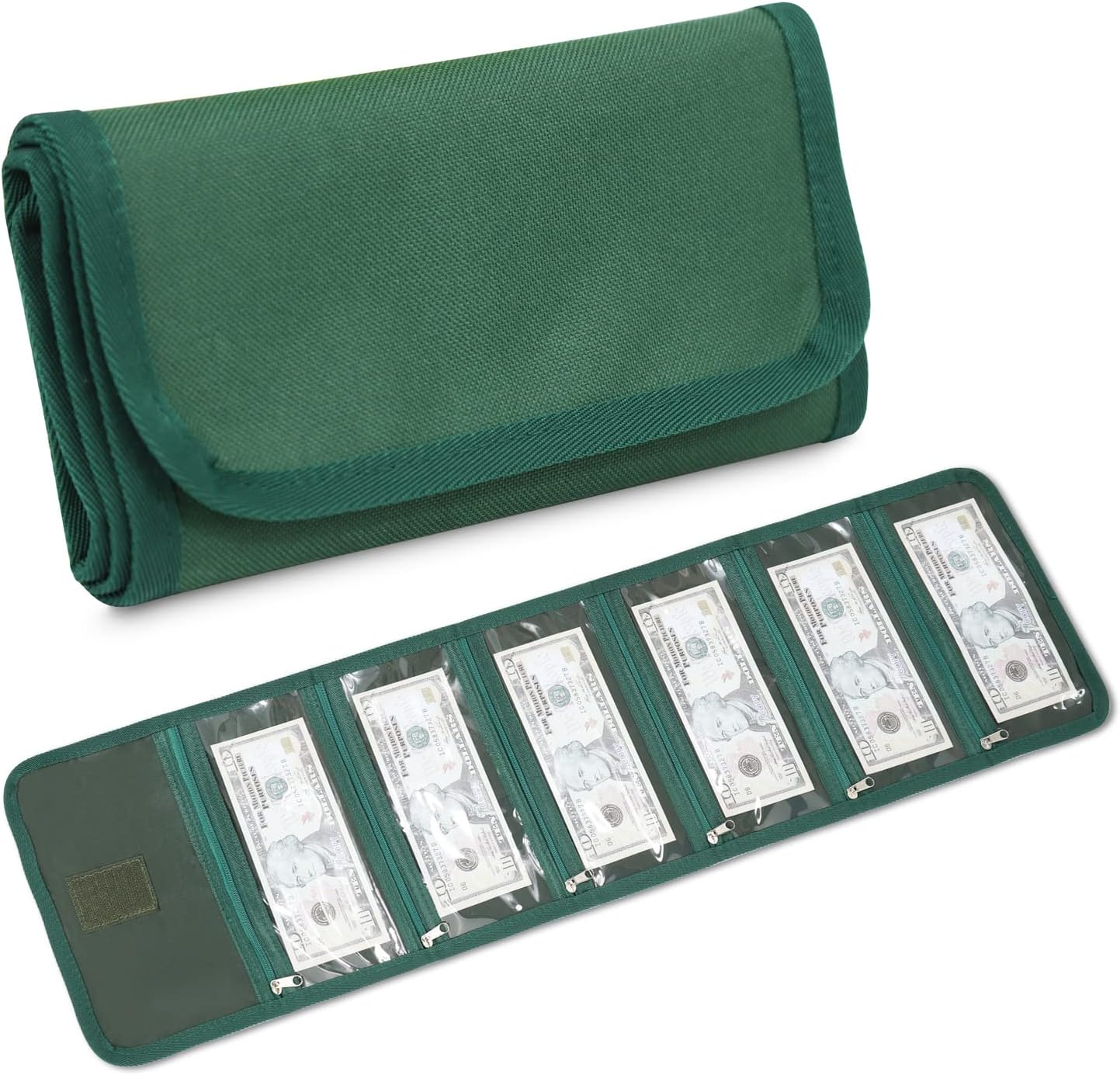 Money Wallet, Money Organizer for Cash with 6 Zippered Pocket Multipack Money Pouch, Cash Bill Organizer, Envelope Wallet Money Bag Small Travel Money Holder for Budgeting, Receipt and Tips (Green) image number 2