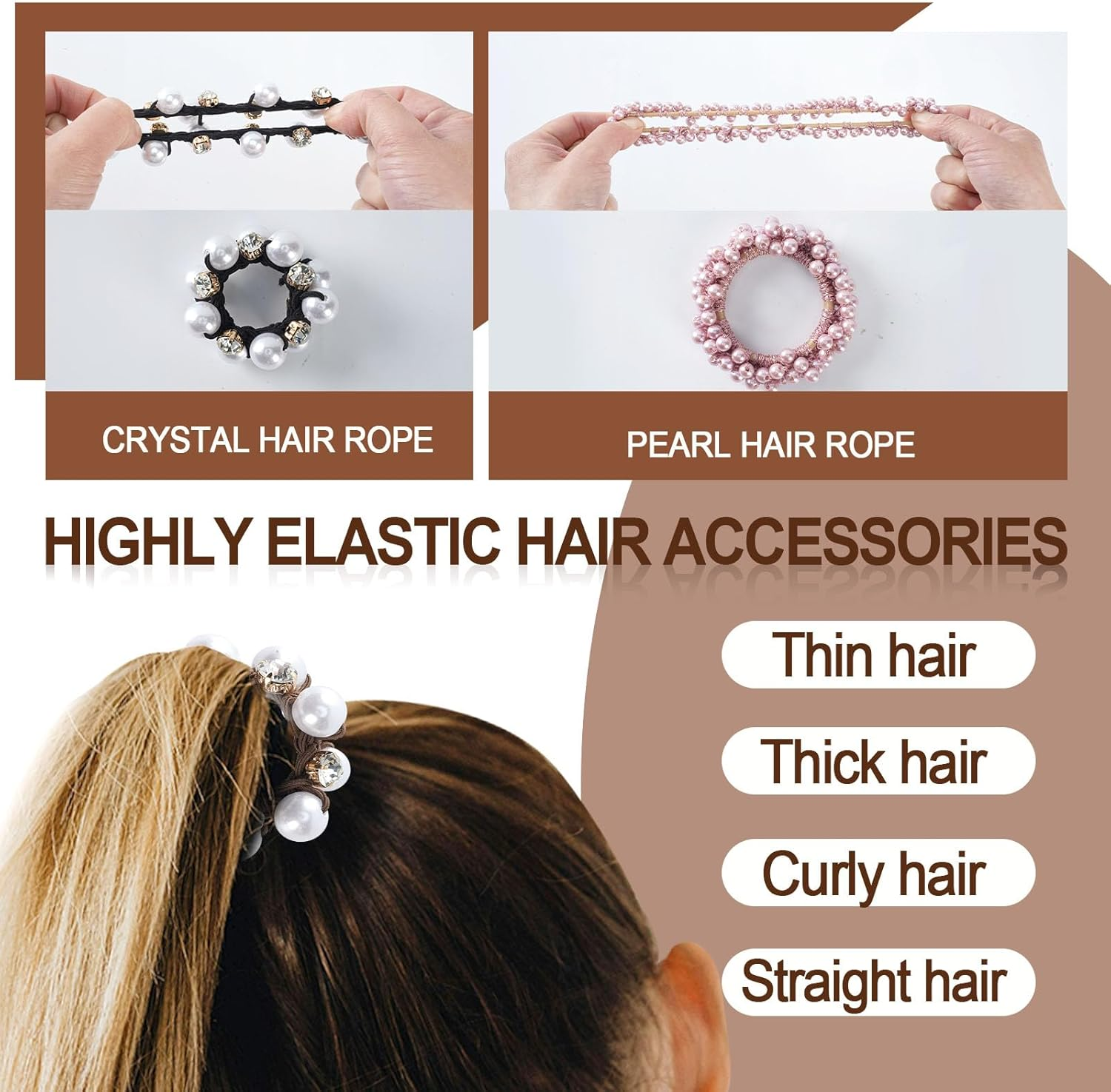 OT-NVWOZR Pack of 6 Women'S Hair Bobbles, Pearl Hair Accessories, Crystal Scrunchies, Elastic Ponytail Holder, Strong Hair Bands, Stretchy Headbands, Birthday for Women and Girls