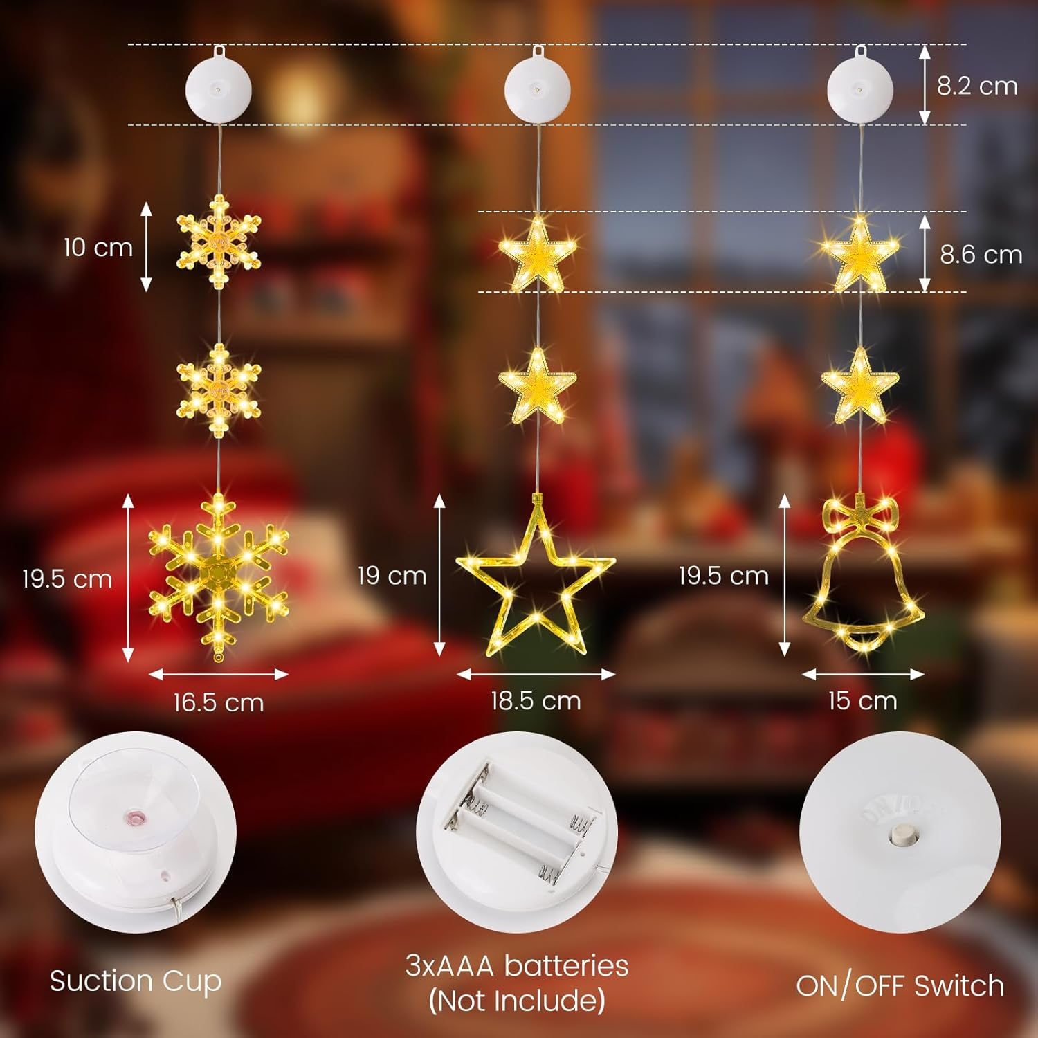 Yizhet Pack of 3 Stars Bell Snowflakes LED Stars Christmas Lights Christmas Star Window Fairy Lights Battery for Birthday Wedding Party Christmas Decoration image number 4