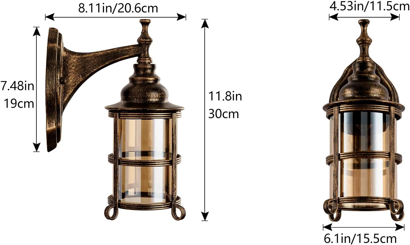 Rustic Amber Glass Wall Light 2-Pack, Bronze Brushed, Industrial Farmhouse Lamp Sconce Porch Lighting Waterproof Retro Lamp for Indoor Bedroom Living Room Outdoor（No Bulb） image number 3