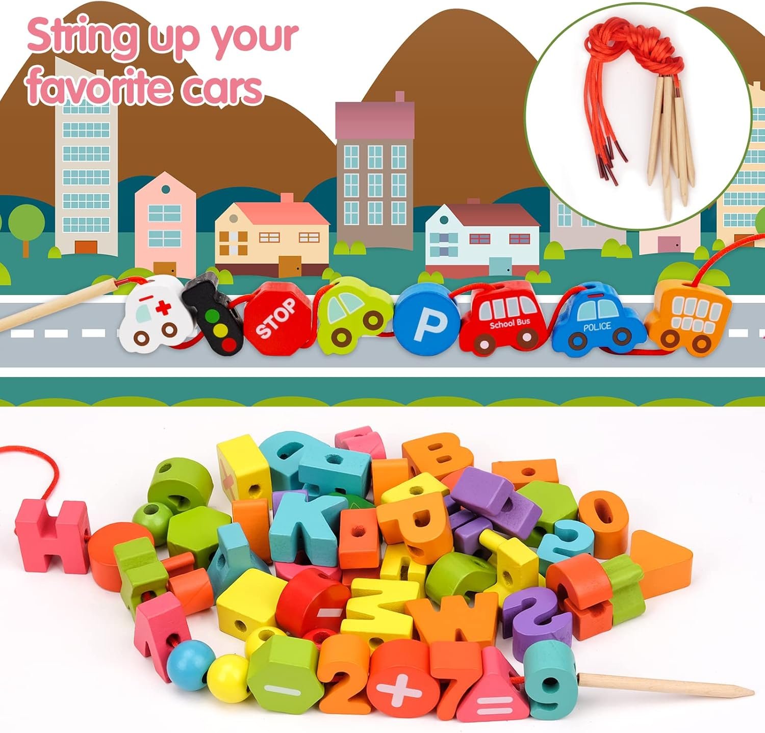 Montessori Sensory Toys for Kids Age 2-3-4, Wooden Toddlers Educational Toys Gifts for 1-3 Year Old Girl Boy Fine Motor Skills Preschool Activities Present Travel Toys Threading & Stacking Letter Car image number 1