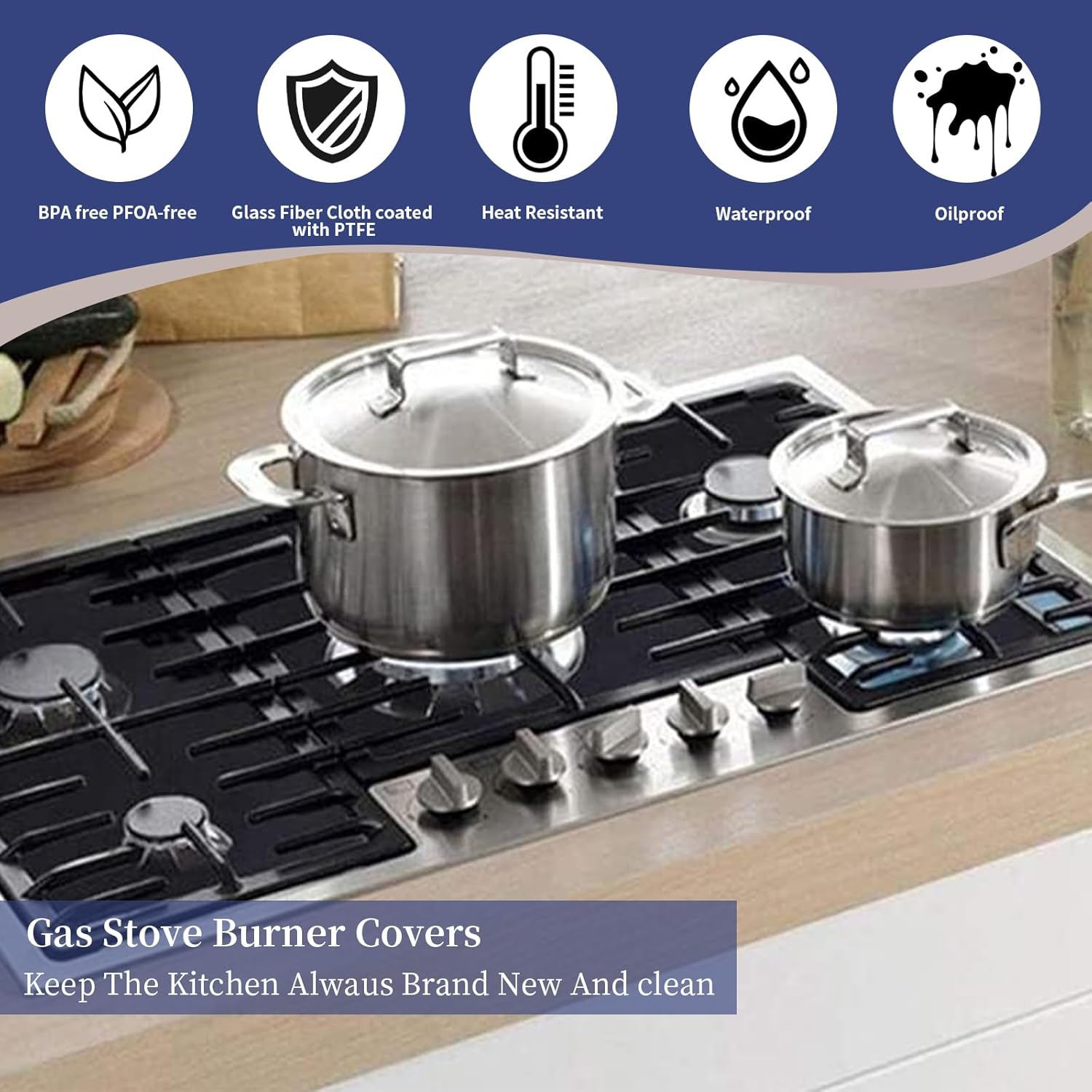 2 Set of 6 Pcs Gas Stove Burner Covers, Universal 5 Holes Gas Stove Protectors, Non-Stick Washable Stove Top Liners, Reusable Heat Resistance Gas Range Mat Fast Clean Liners for Kitchen Cooking (6) image number 1