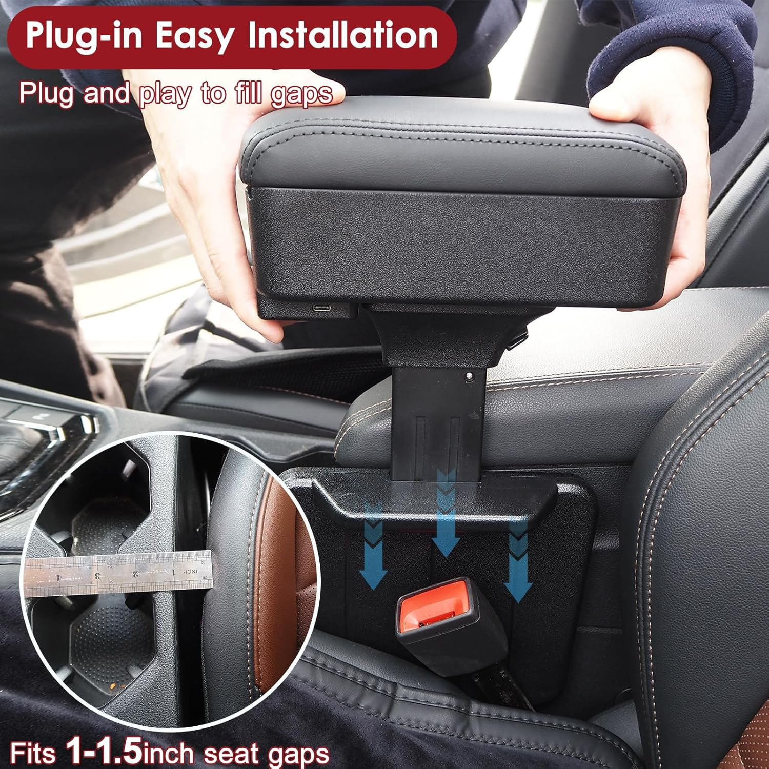 Upgrade Car Leather Armrest Expander Support Elbow Rest Pad, Universal Auto Armrest Box Gap Filler Organizer, Adjustable Height, with Cup Holder, Arm Rest Car Interior Accessories (Black) image number 4