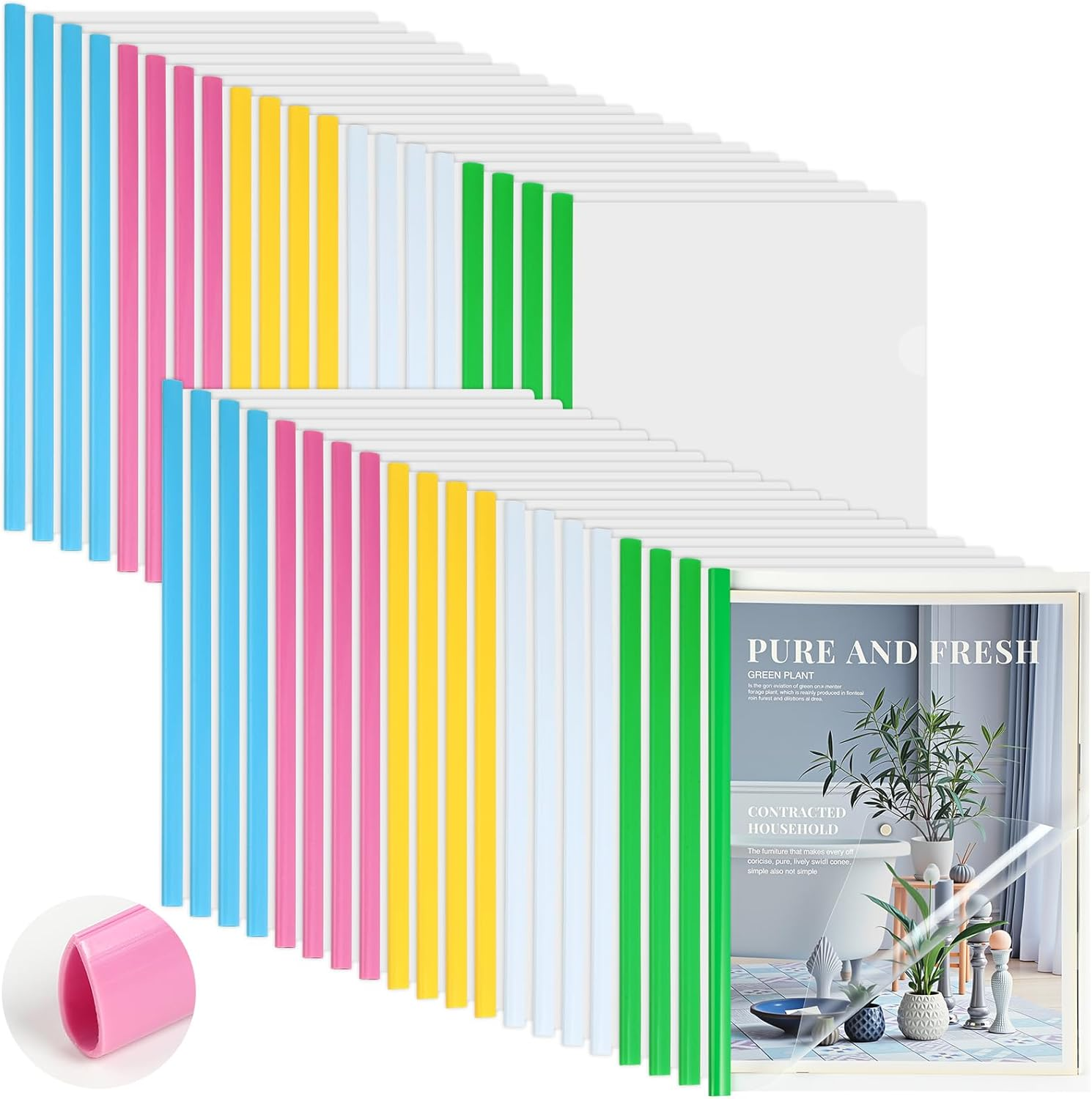 100 Pcs Clear Report Covers with Sliding Bar Clear Presentation Binder Transparent Resume Folder with 5 Colors Slider Bars Plastic Report Folder for File Report Paper Book Resume Letter School Office