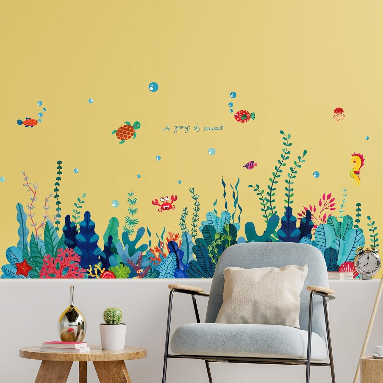 Creative Cartoon Removable 3D under the Sea World Nature Scenery Wall Stickers Ocean Grass Colorful Seaweed Baseboard Wall Decal for Wall Corner Nursery Room Bathroom Living Room image number 3
