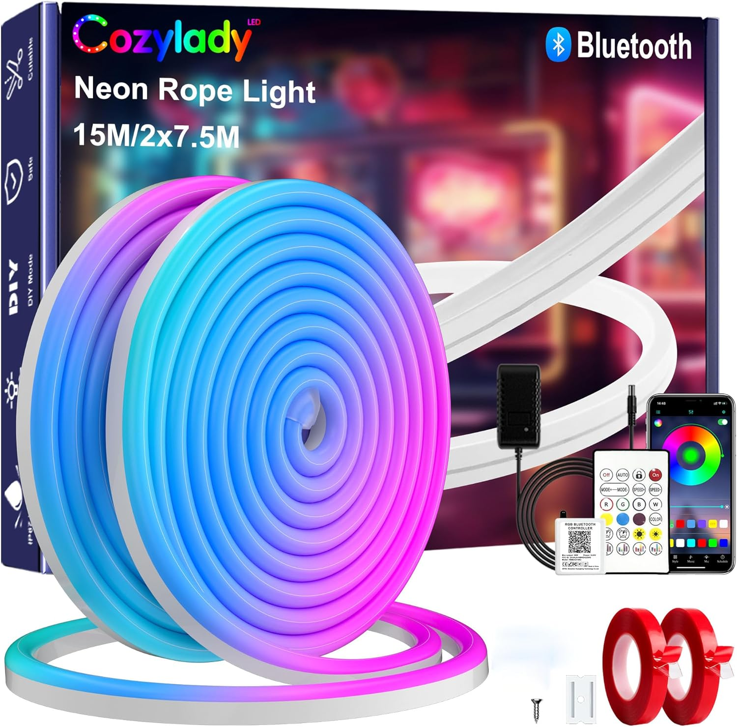 Cozylady 50Ft Bluetooth RGB LED Neon Light, Waterproof RGB Neon Light APP & Remote Control Music Sync 24V Flexible DIY Silicone Light for Party Balcony Indoor Outdoor Decor(2 Rolls of 7.5M) image number 2