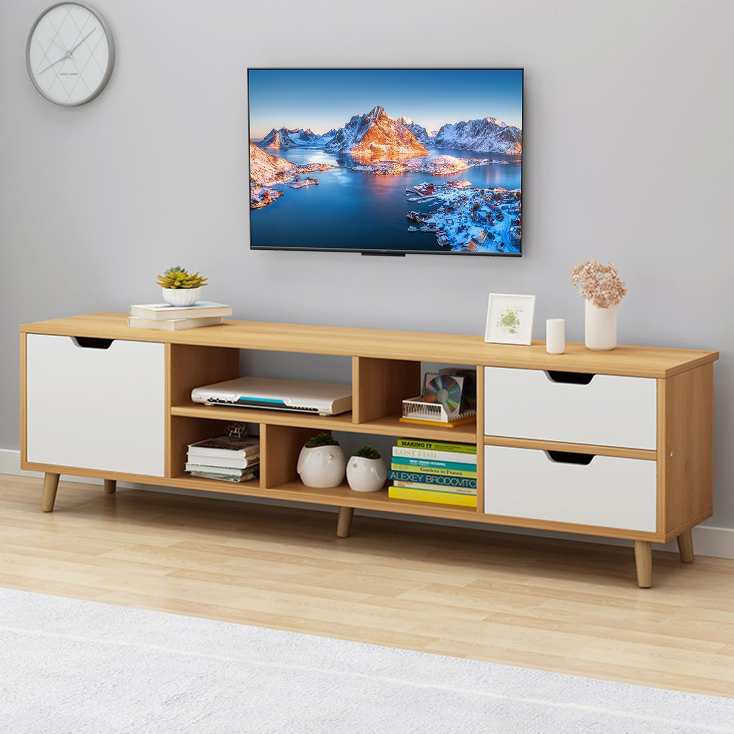 Uandhome Modern TV Cabinet,Wooden TV Entertainment Media Center Console Table with Drawers and Doors and Open Storage Shelf, Multifunctional TV Stand/Unit for Living Room,Bedroom (Wood 140*30*38Cm)