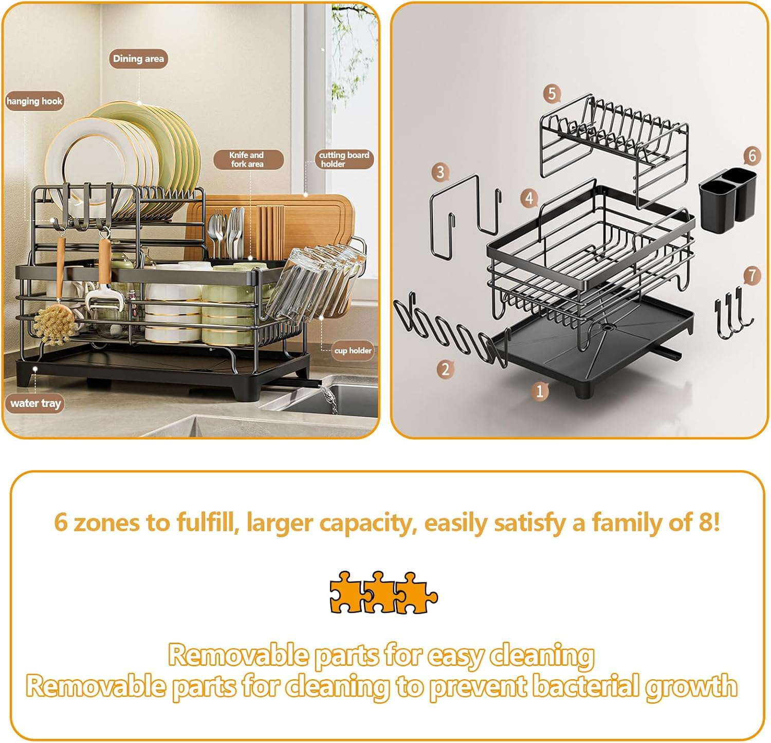 Dish Drying Rack, Kitchen Storage & Organisation - over Sink Dish Drainer with 360&deg; Rotating Drain Board, Cup Holder, Chopping Board Stand, Utensils Holder, Strong Carbon Steel Plate Rack
