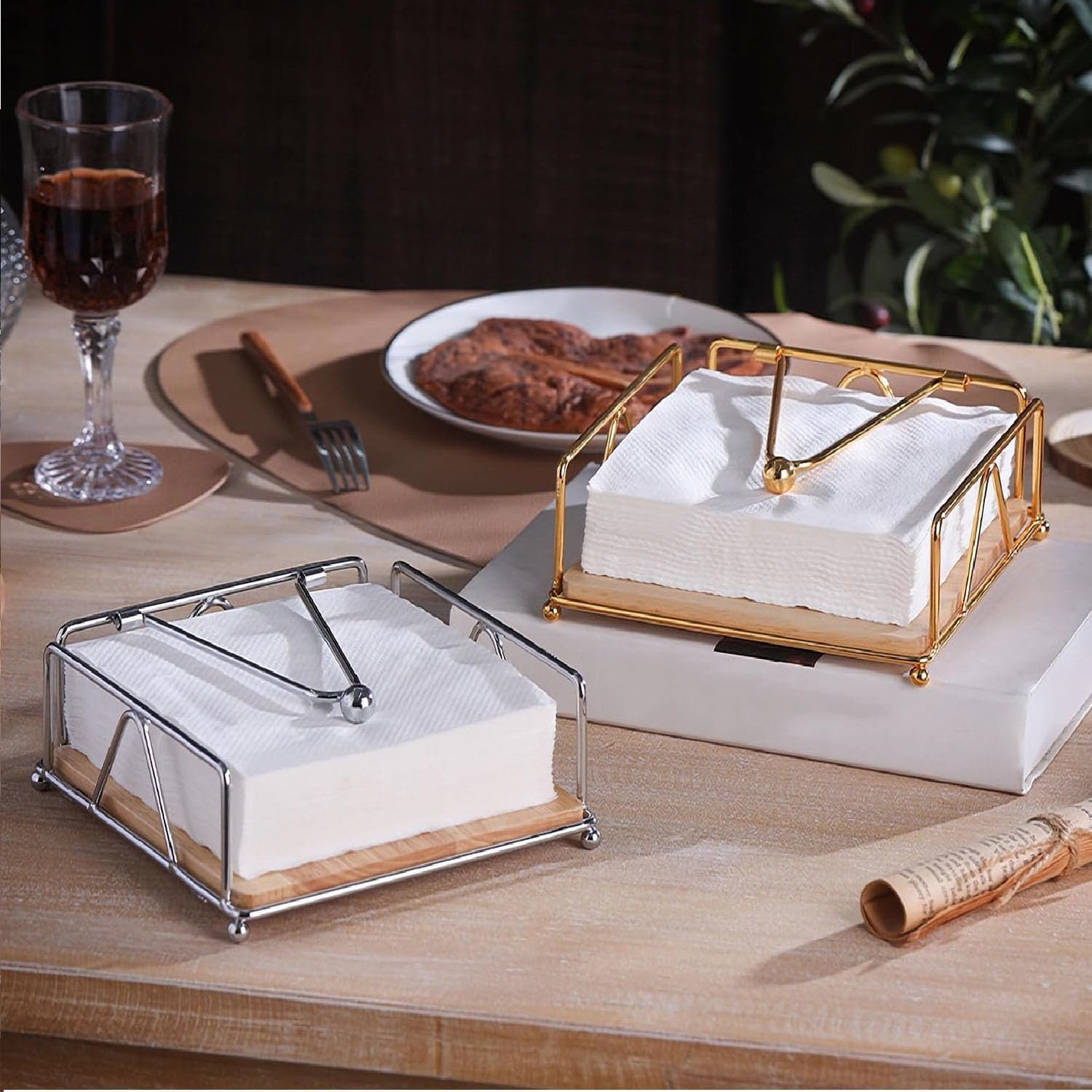Metal Napkin Holder with Weighted Arm,Metal Napkin Holder with Wooden Base,Square Napkin Holder,Elegant Paper Napkin Dispenser,Metal Flat Napkin Holder for Kitchen Counter, Dining Table (Gold) image number 3