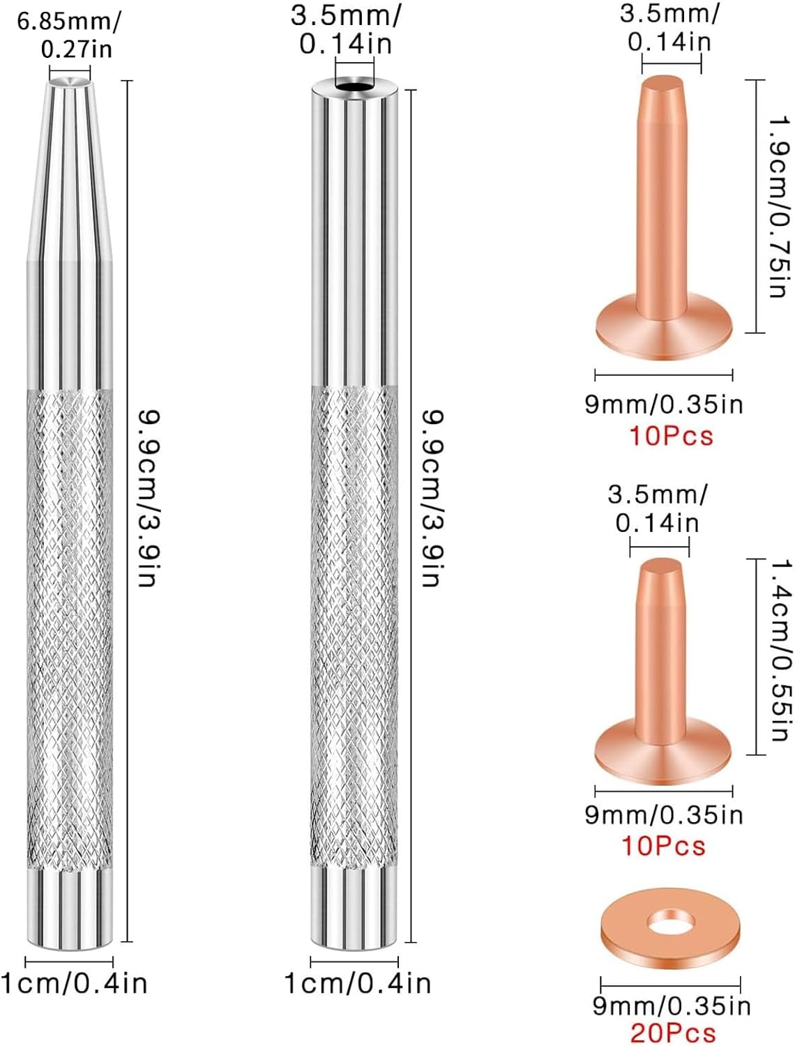 Selftek 20Pack Copper Rivets and Burrs (14Mm and 19Mm) with 2Pcs Punch Rivet Tool for Belts, Bags, Collars, Leather-Crafting, Bracelets image number 5