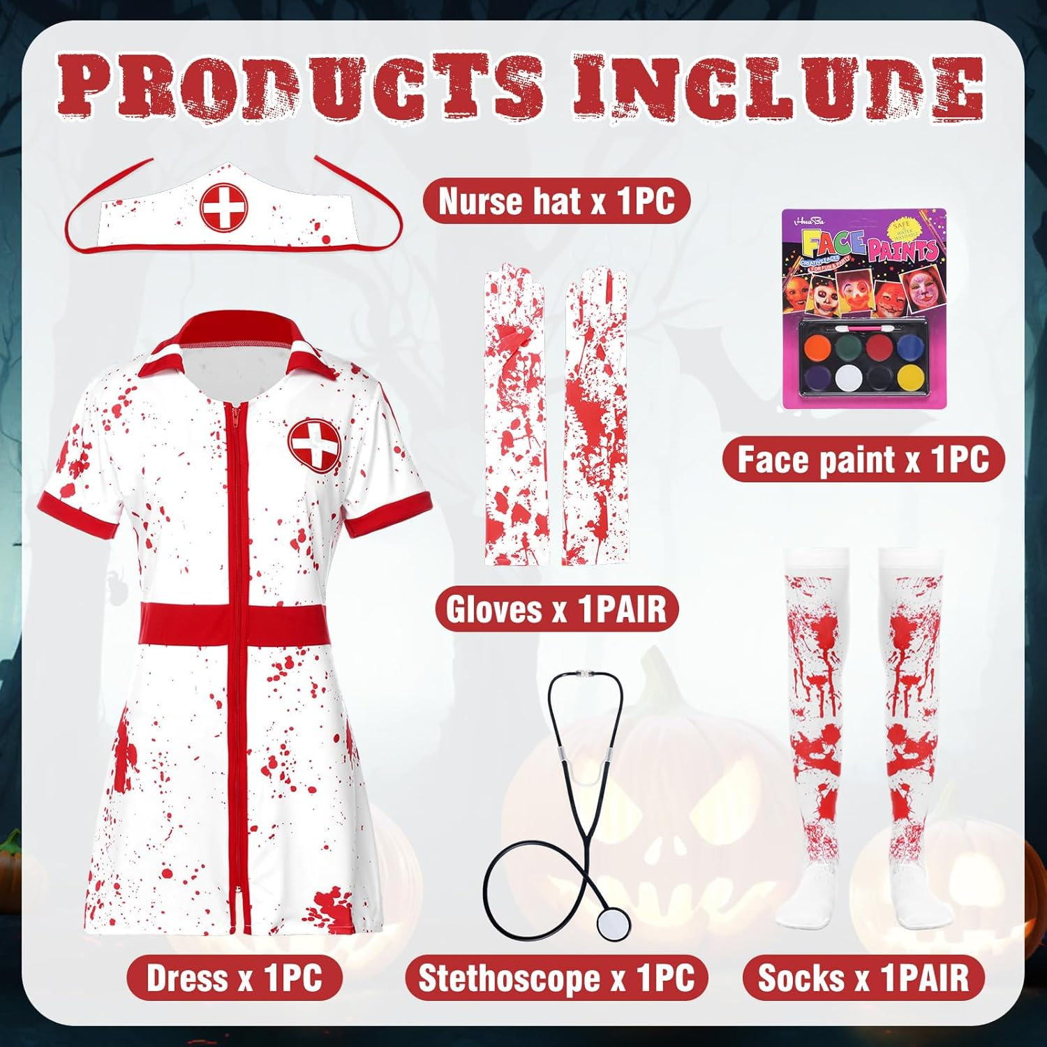 Halloween Bloody Nurse Dress with Hat Costume image number 1