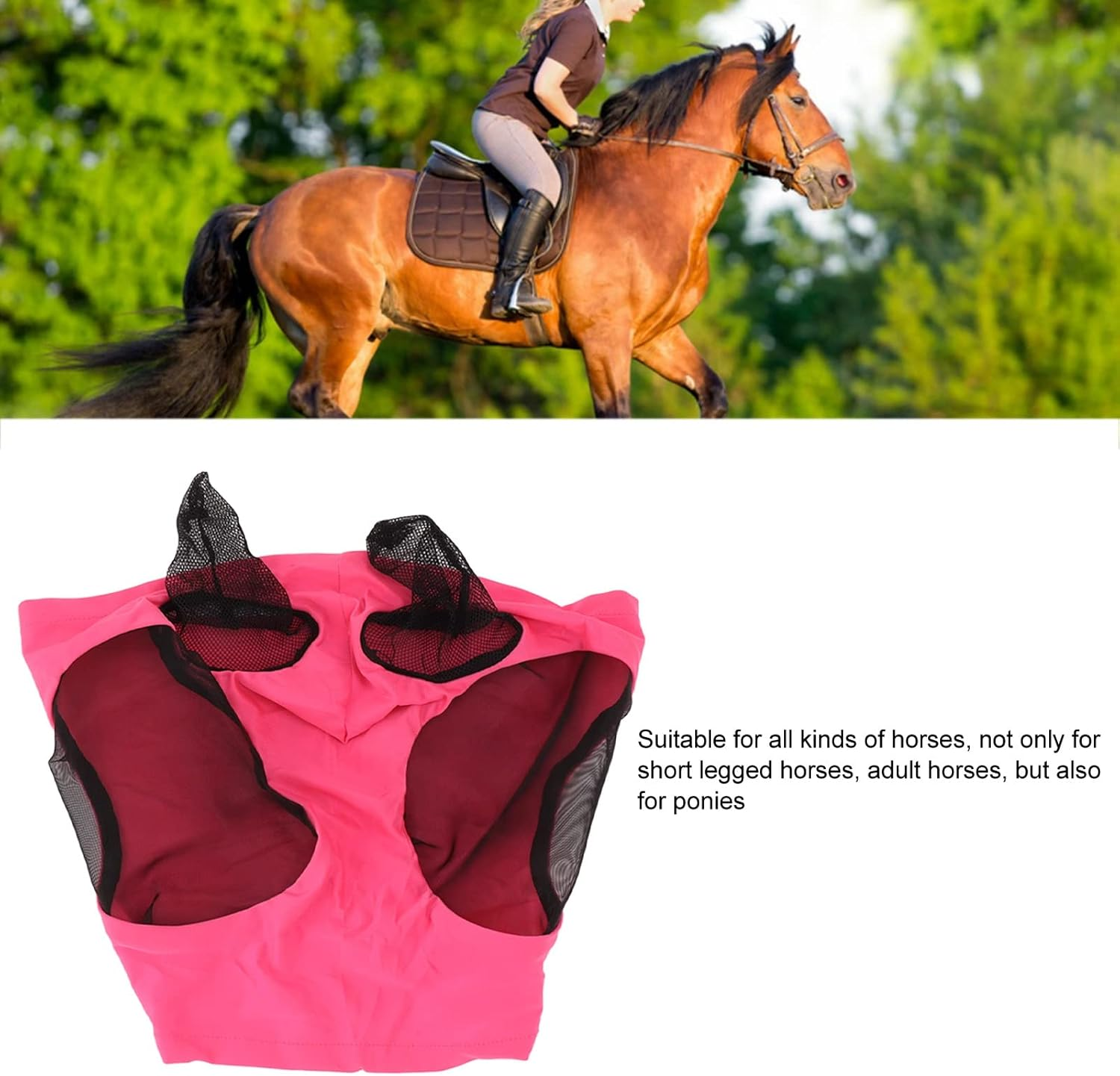 Breathable Horse Mesh Fly Mask with Ears, Elastic Equestrian Face Mask for Horses, Sunlight Protection & Fly Protector (Rose)