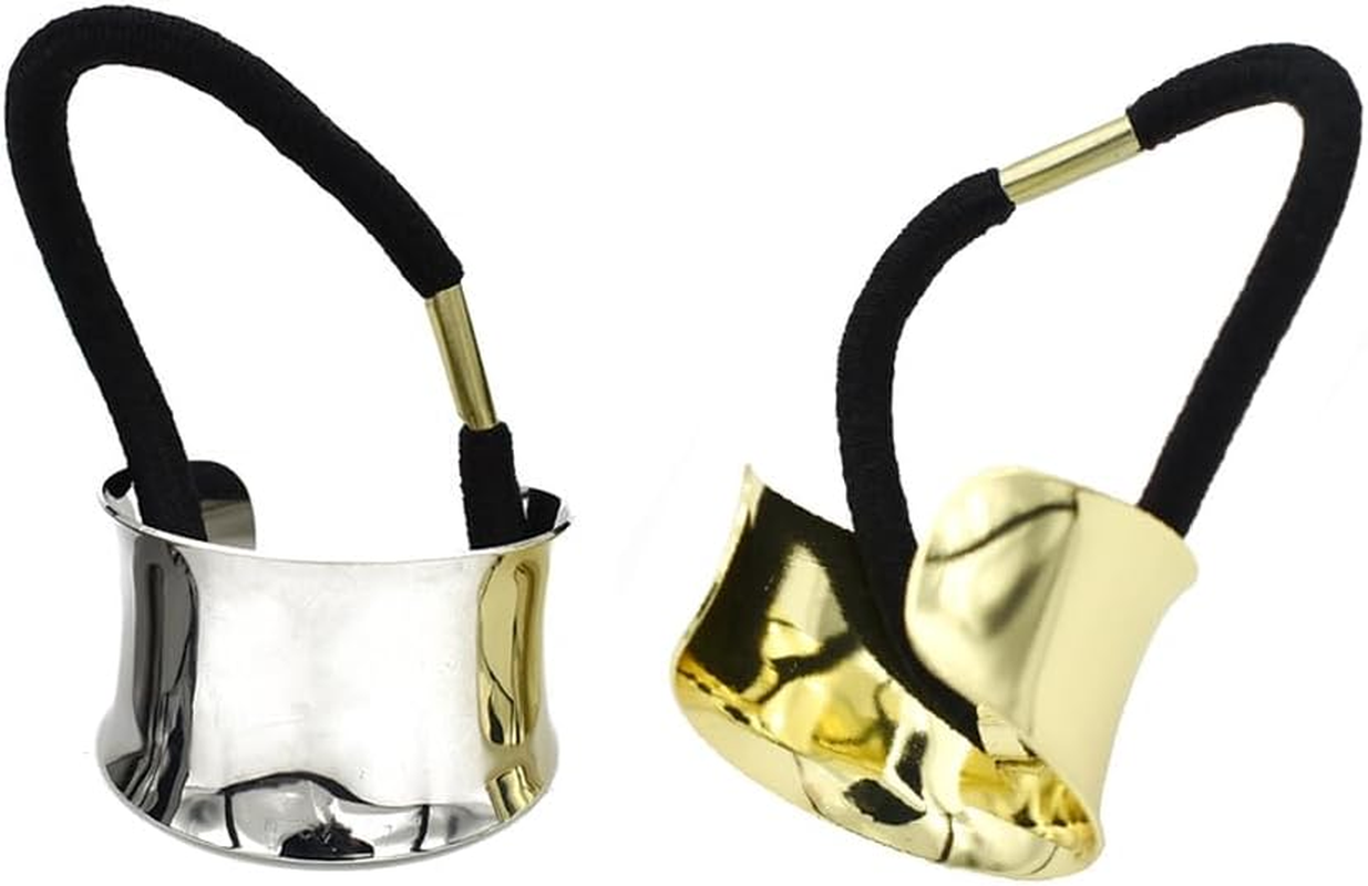 2PCS Metal Cuff Ponytail Holder Elastic Hair Band Rope Women Girls Hair Ties Hair Accessories Hair Rope Golden and Silver