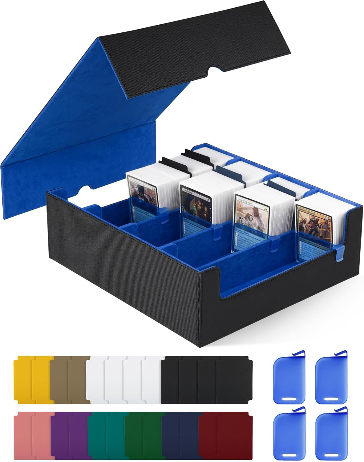 Cardnovux Trading Card Storage Box, Commander Card Deck Case Holds 2400+ Cards, MTG Deck Box with 4 Stoppers, Magic Card Organizer for TCG PTCG Cards (Black & Blue)
