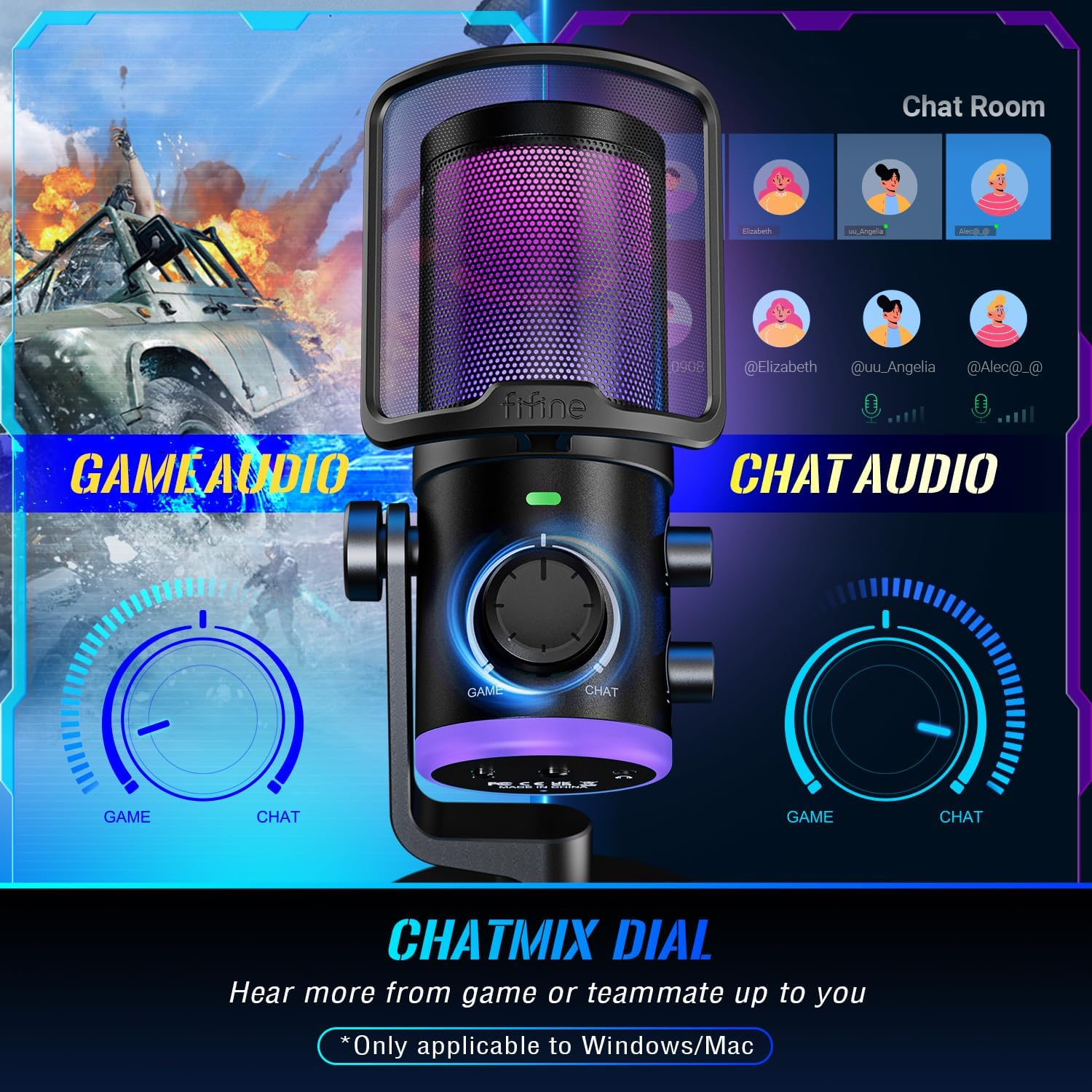 FIFINE Gaming PC Microphone, USB Streaming Microphone with Game Chat Balance, Computer Condenser Desktop RGB Mic with Mute Button, Noise Cancellation for Podcast/Twitch/Discord-Ampligame AM6 image number 4