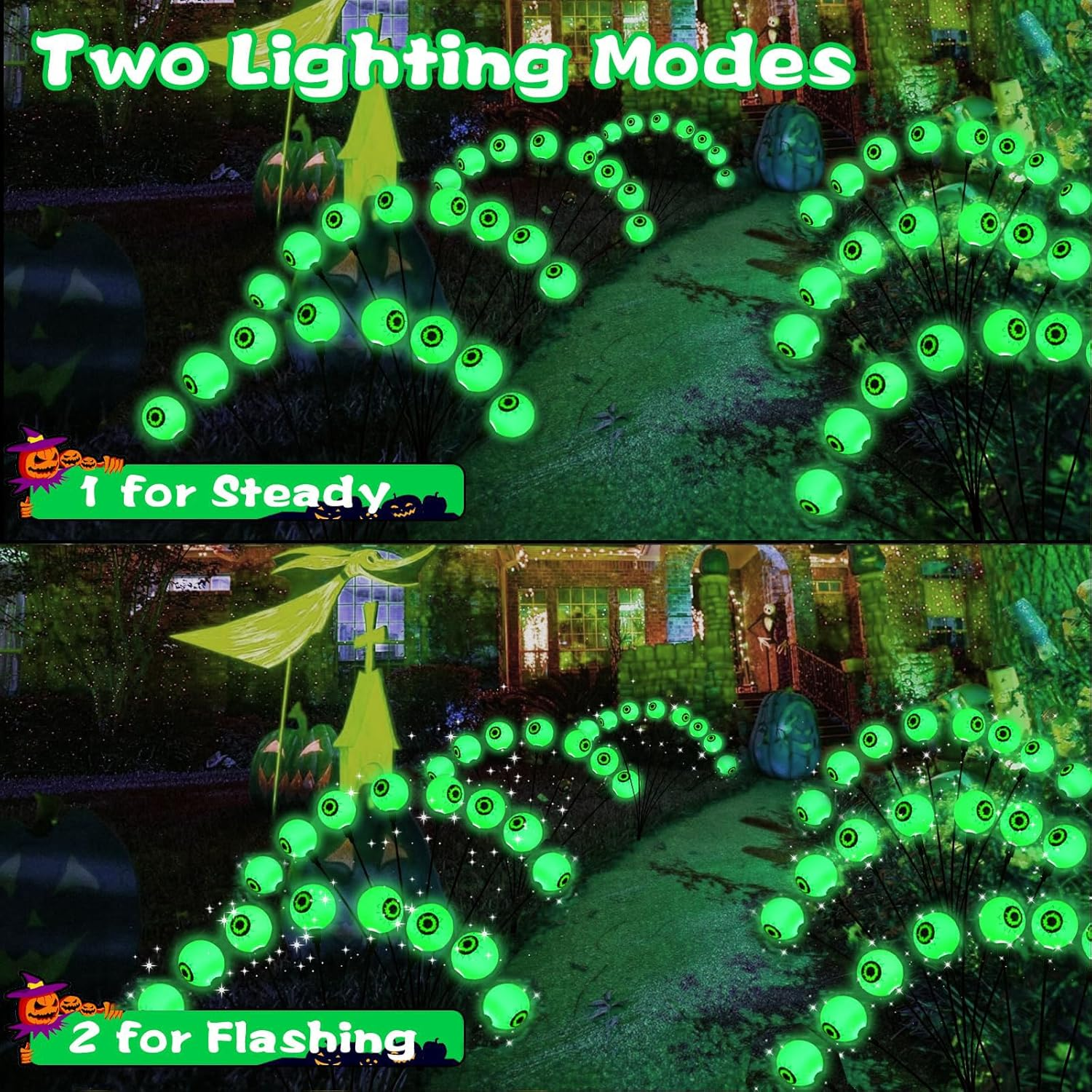 Harloon Halloween Decorations Outdoor Solar Scary Eyeball Lights, 2Packs 16LED Green Eyeball Swaying Firefly Lights, Waterproof Solar Halloween Path Lights for Yard Garden Lawn Party Decor image number 4