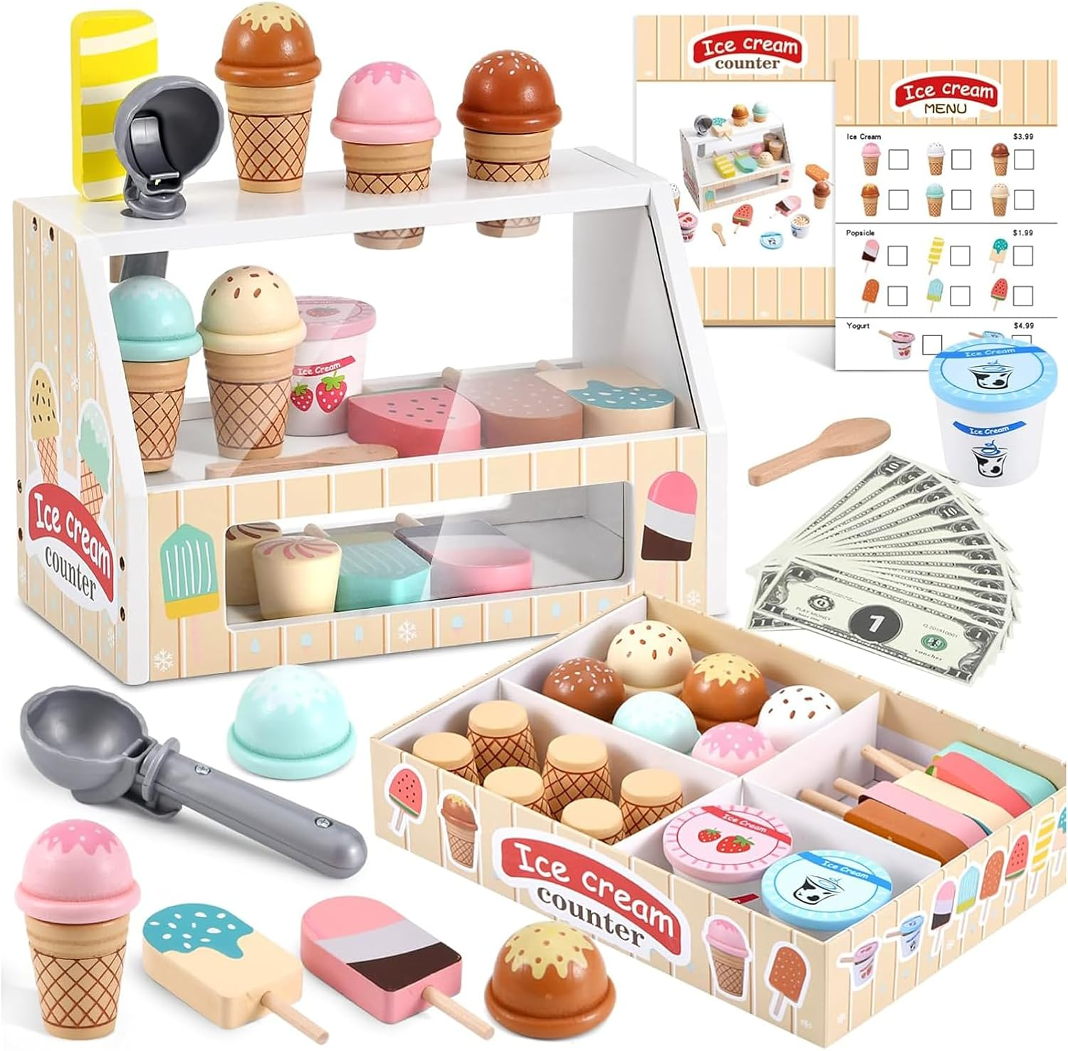 Wooden Ice Cream Counter Playset for Kids, Ice Cream Parlour Children'S Toy Kitchen Playset Pretend Play Store Pretend Toy for 3 4 5 6 Year Old Girl Boy Toddler, Play Food Scoop and Serve Ice Shop image number 3