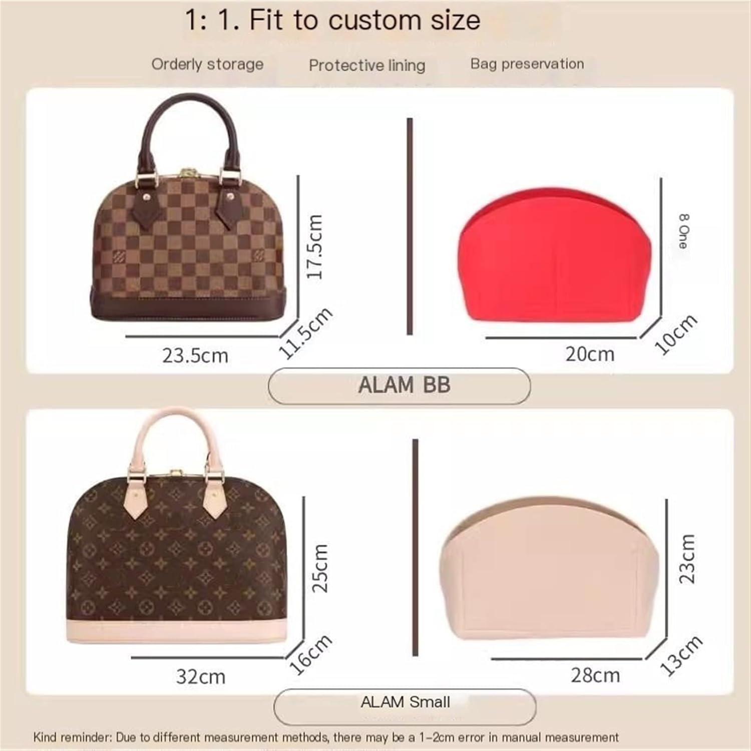 XIAOYIBAIHUOUK Bag Storage Insert for LV ALMA Handbags Liner Bag Handbag Organizer Insert Wallet Lining Storage Bag(Red A,Alma BB) - Red A image number 1