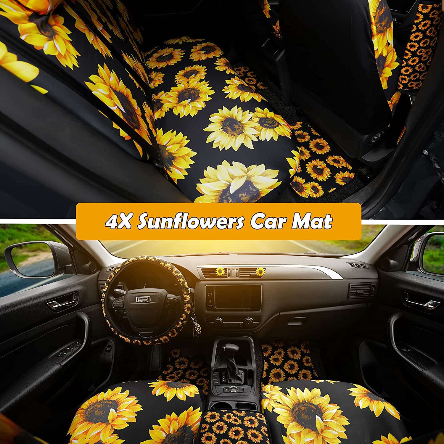 21PCS Sunflower Car Accessories Set, Sunflower Seat Covers, Sunflowers Car Mat, Sunflower Steering Wheel Cover, Universal Console Cover, Seat Belt Shoulder Pads, Keyring, Car Decor&Cup Coaster. image number 2