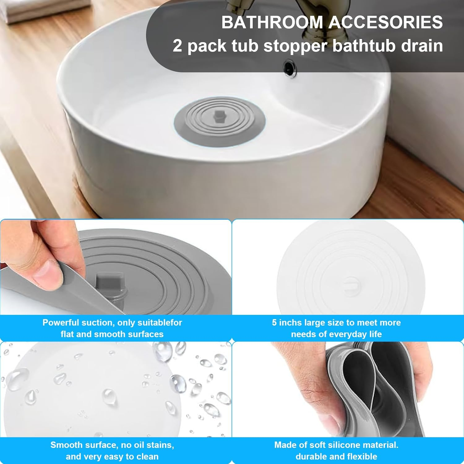 Bathtub Sink Plug, 5-Inch Tub Stopper Cover, Silicone Bathtub Plug with Flat Suction Design, Essential for Bathroom Kitchen Laundry (3 Pack) image number 3