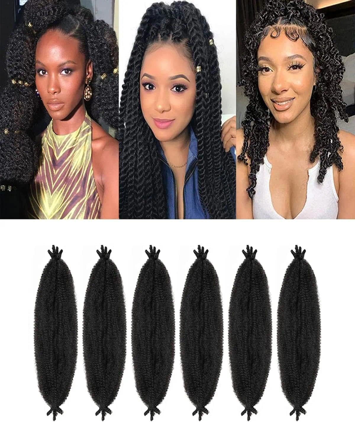 Unron 6 Packs Springy Afro Twist Hair' with Crochet Hook, 16 Inch Pre-Separated Marley Crochet Braiding Hair for Distressed Soft Locs, Natural Black Synthetic Hair Extension for Black Women