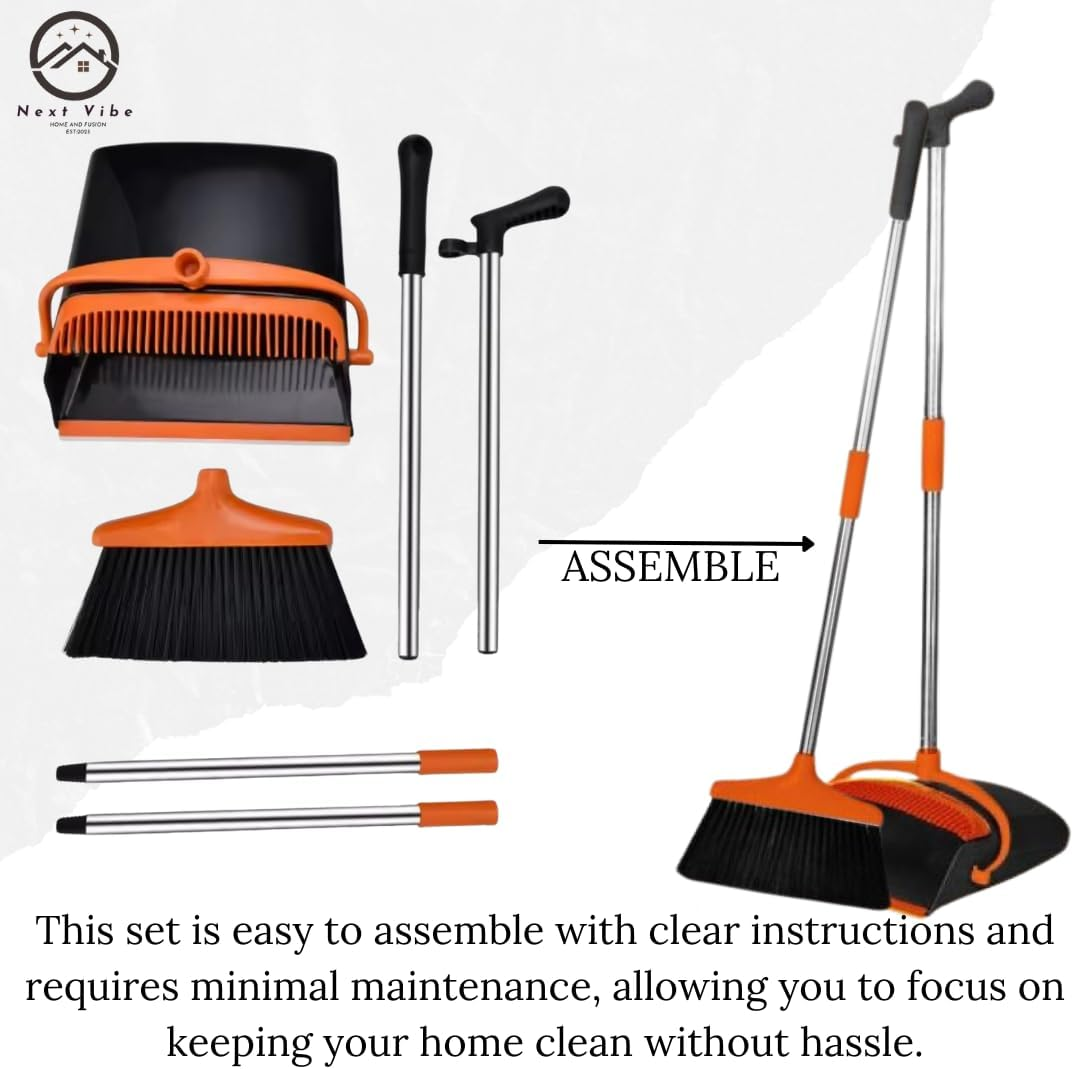 Heavy-Duty Long Handle Broom and Dustpan Set &ndash; 124Cm Broom & 122Cm Dustpan &ndash; Upright Standing Sweeping Combo for Home, Kitchen, Office & Outdoor Cleaning &ndash; Black & Orange image number 3