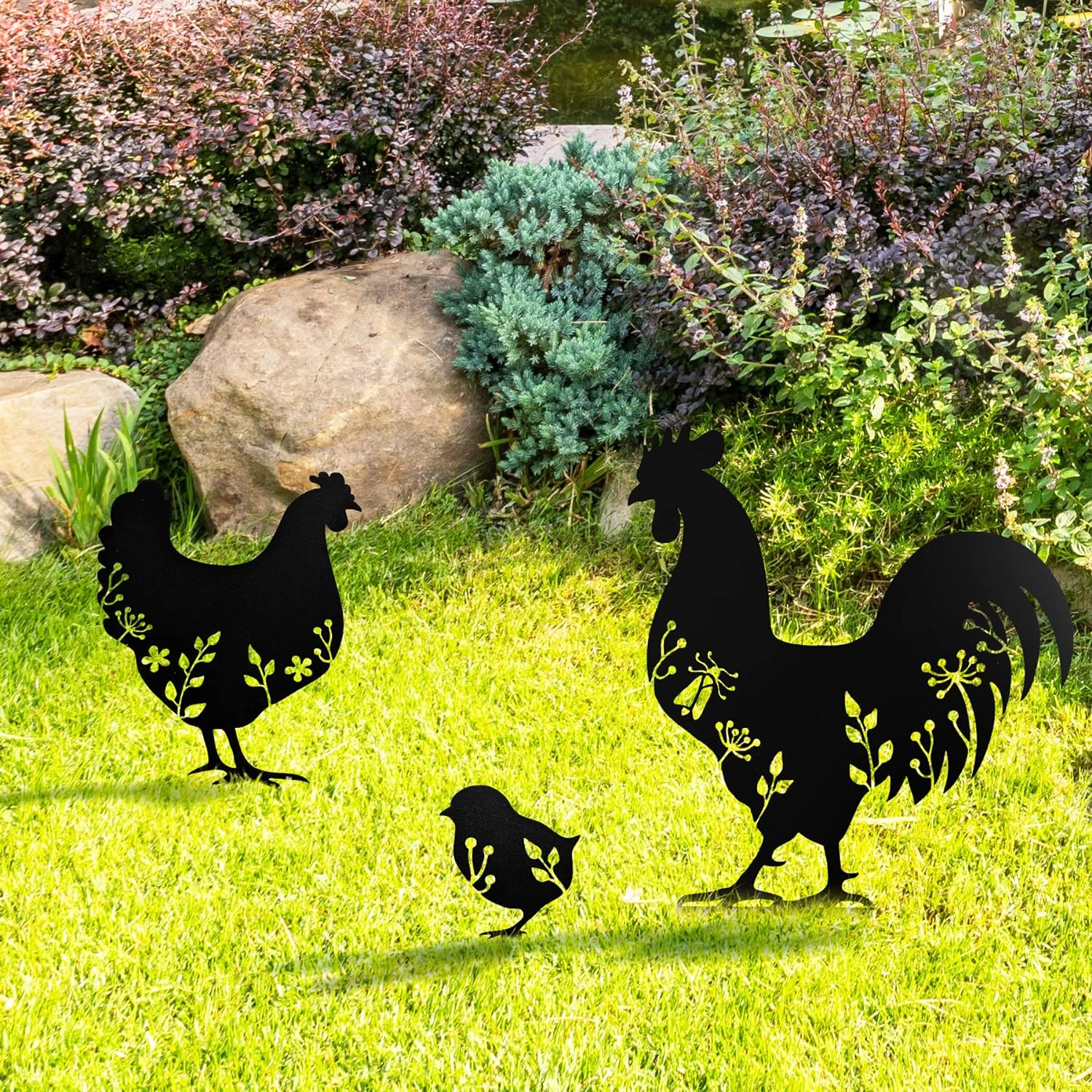 KOLYMAX 3 PCS Metal Chicken Yard Art Garden Decorative Stake Hollow Out Animals Silhouette Statue Decor, Chickens Family Silhouette Sets for Pathway, Floor, Garden, Lawn, Outdoor Decoration image number 1