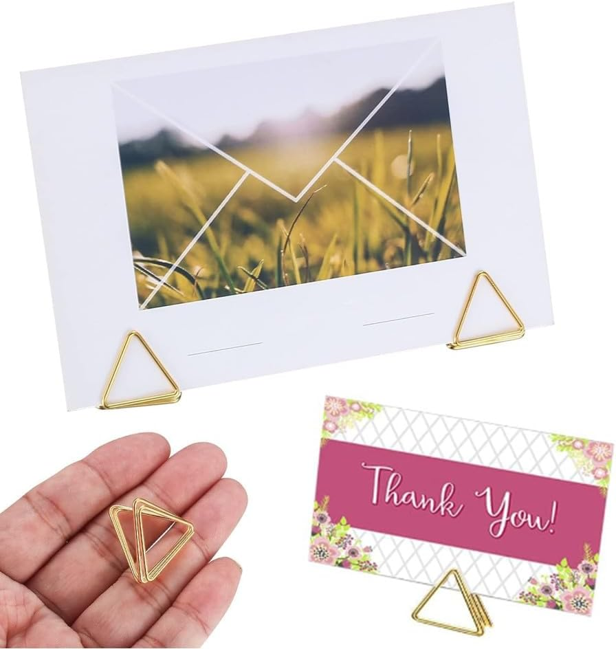 40Pcs Mini Place Card Holders, Triangle Shape Table Number Holder, Wedding Table Mini Name Card Holder, Memo Clip Photo Stands with Cards for Birthday Shower Office Home Decor(Gold) image number 3