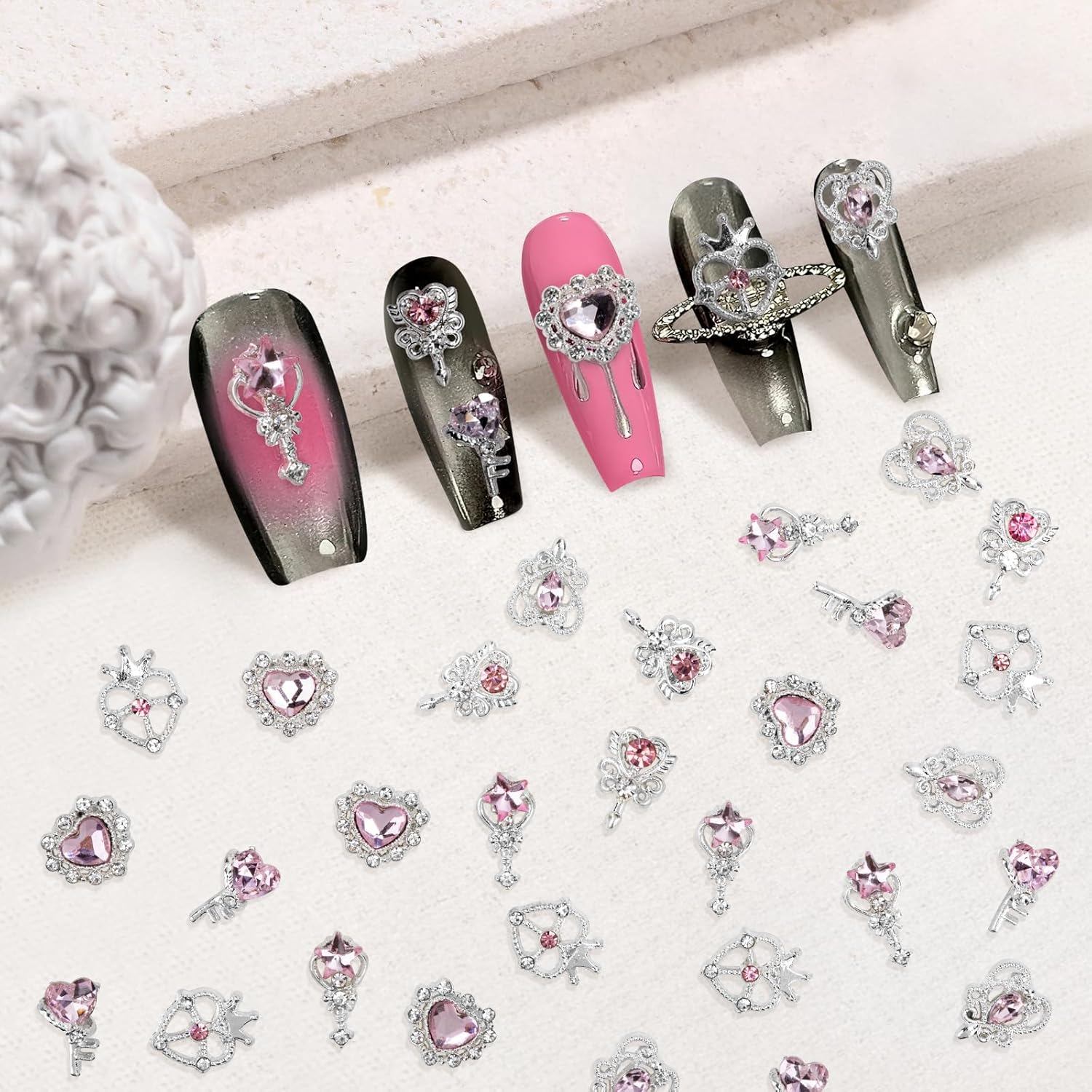 Nail Charms for Acrylic Nails - Madenia 30PCS Y2K 3D Silver Nail Charms and Gems for Nail Art, Hearts Nail Rhinestones Accessories Suitable for Manicure DIY Nail Art Decorations, Silver & Pink