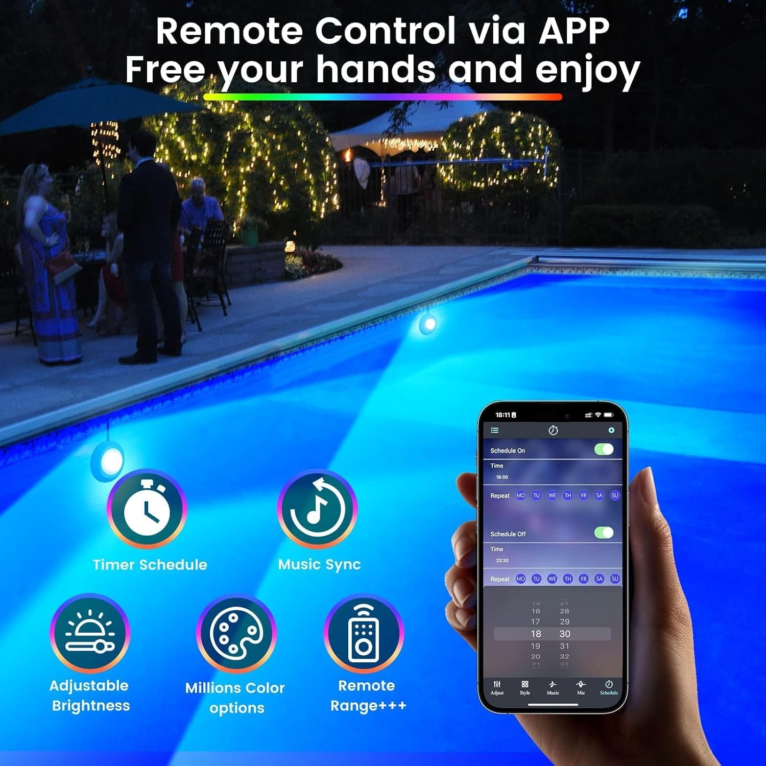 Lylmle LED Pool Lighting with APP Control, 10W RGB Dimmable Underwater Submersible Lights with Magnets, IP68 Waterproof Music Sync Changing Pool Light 12V, 8M