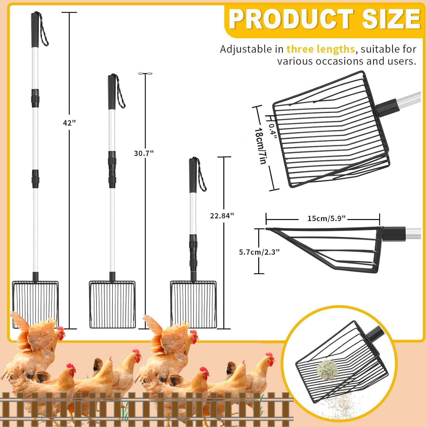 IONPSHG Chicken Poop Scooper 5.9Inch 3 in 1 Stretchable Chicken Poop Scooper Chicken Coop Accessories Sifting Shovel for Chicken Coop Chicken Litter Scoop Supplies Separating Poo and Debris from Sand image number 4