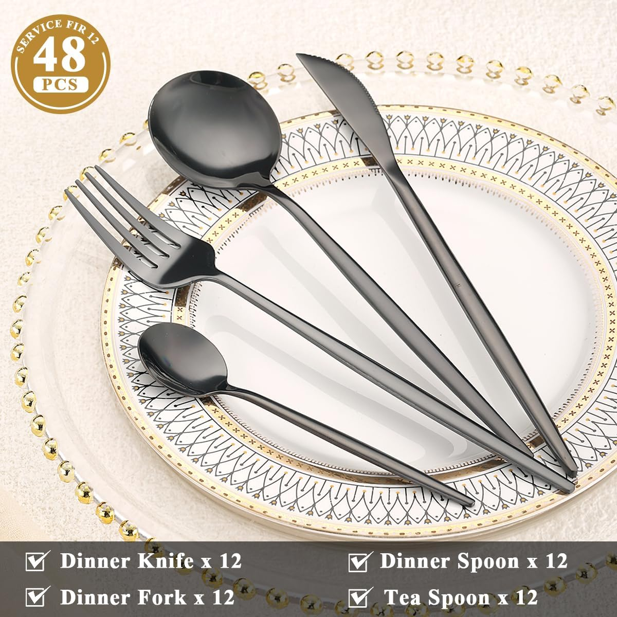 Black Cutlery Set 48 Pieces Service for 12, Berglander Titanium Black Plated Stainless Steel Flatware Set, Modern Design Knives Forks Spoons Silverware Set image number 1