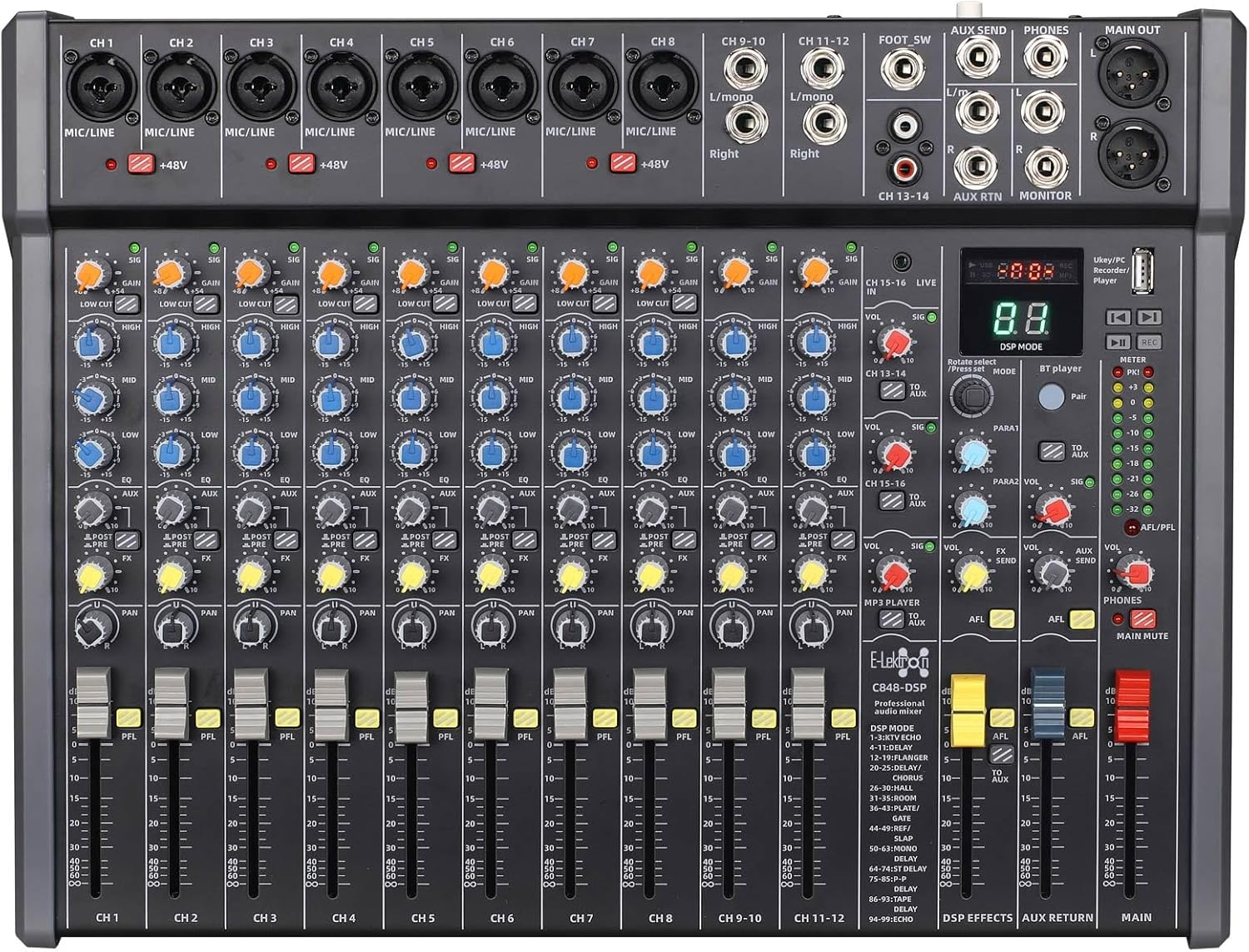 E-Lektron C848 DSP Effects Studio Audio Mixer 16-Channel with Bluetooth USB Play Audio Interface