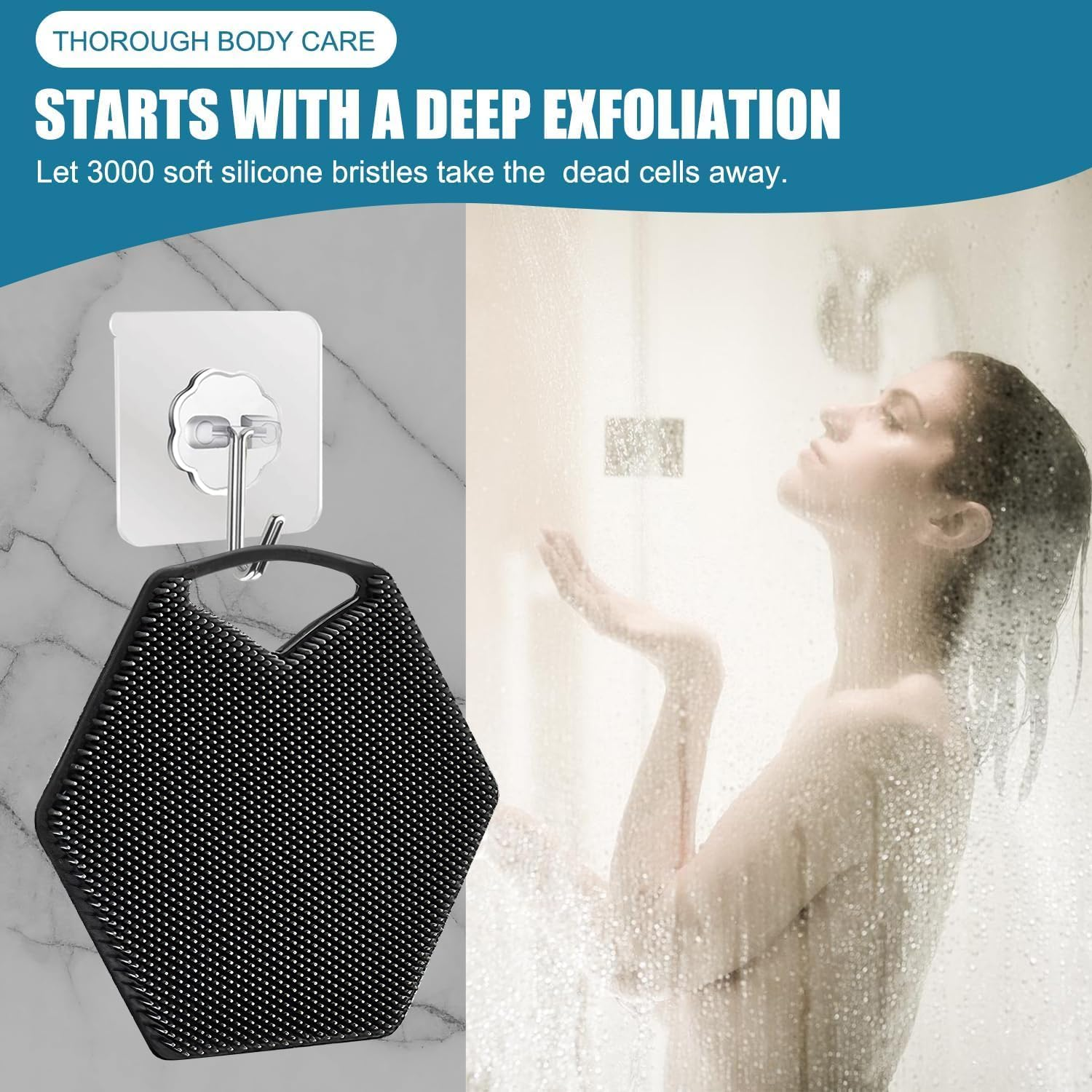 2 PCS Silicone Body Scrub, Soft Silicone Massage Pad with 2 Hooks Wall Mounted Back Scrubber Foot Scrubber Body Cleansing Brush Easy Grip Brush for All Kinds of Skin (Grey, Black) image number 3