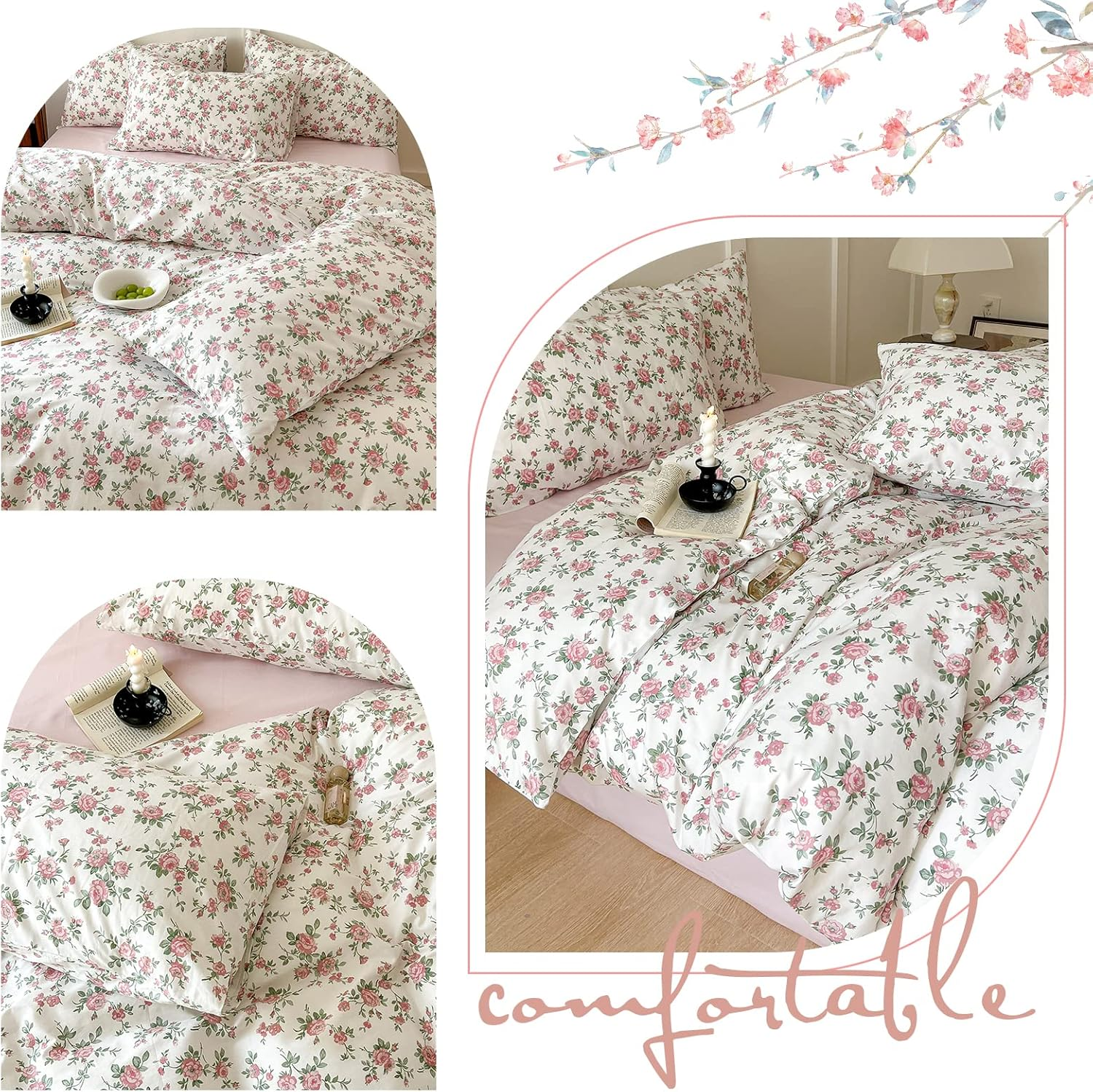 Floral Duvet Cover Set Twin Size Kids Pink 100% Cotton Aesthetic Bedding Sets Girl Women 3 Pieces Floral Branch Comforter Cover with Zipper Ties Garden Bedding Cover image number 3