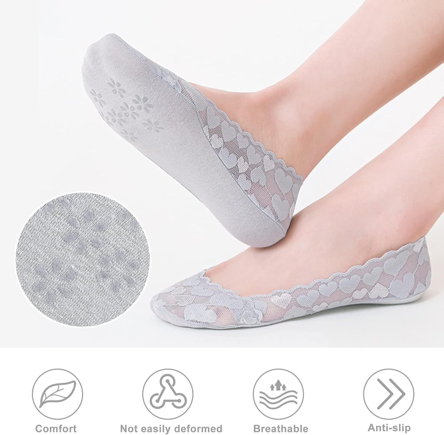 Women No Show Socks - 6 Pairs Non Slip Lace Invisible Socks, Ultra Low Cut Liner Socks Lace Boat Socks for Sneakers High-Heel Shoes - Flower-3Beige3Black image number 4
