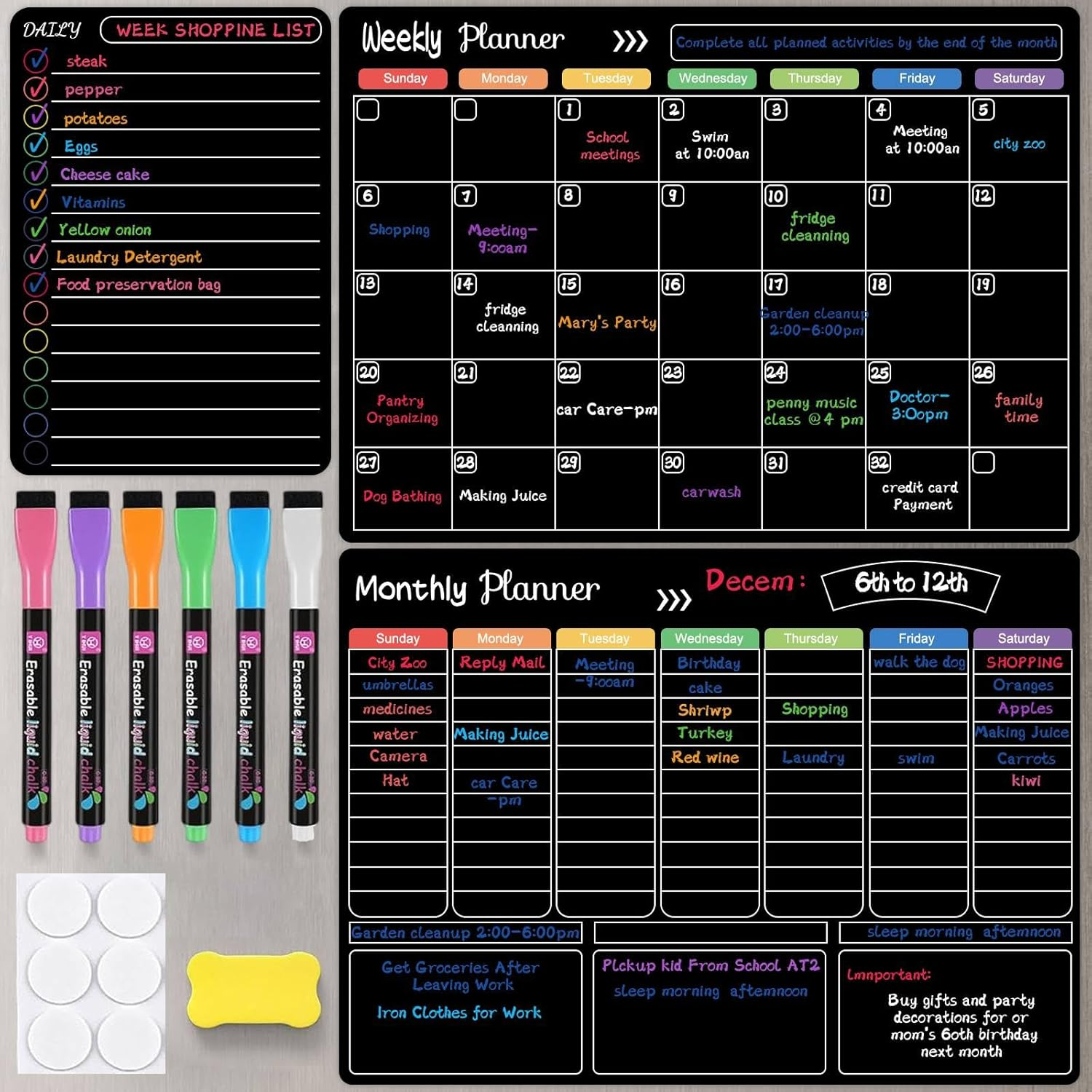 3Pcs Magnetic Dry Erase Calendar for Refrigerator - Daily, Weekly and Monthly Whiteboard Calendar for Fridge, No Stains or Ghosts - White Board Planner, 6 Magnetic Dry Erase Markers and Large Eraser