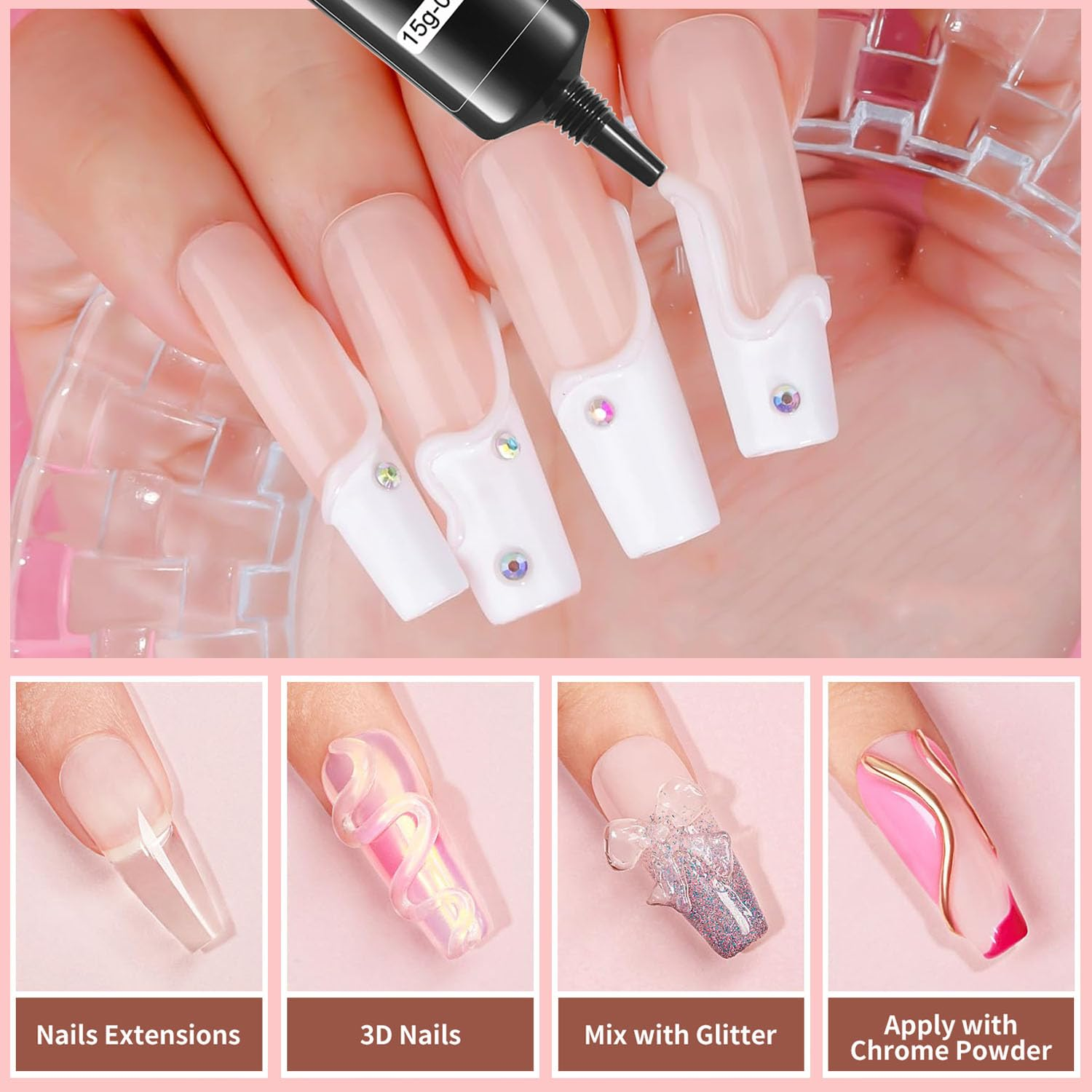 MUSILAN 3D Nail Art Sculpting Gel Glue for Nails Tips,Molding, Drawing, Nail Charms & Gems, Chrome Powder and Rhinestone Design No Wipe,Uv Curing Needed Salon & DIY Use (White Sculpting Gel) image number 4