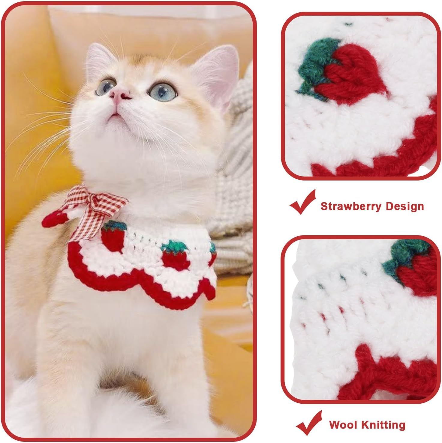 Emagtech 2 Pieces Knitted Collar for Cats Neck Circumference 20-25 Cm Suitable for Cats Weighing 2-4 Kg with Cute Bow Tie and Strawberry Pattern for Cats Kittens and Puppies (S) image number 2