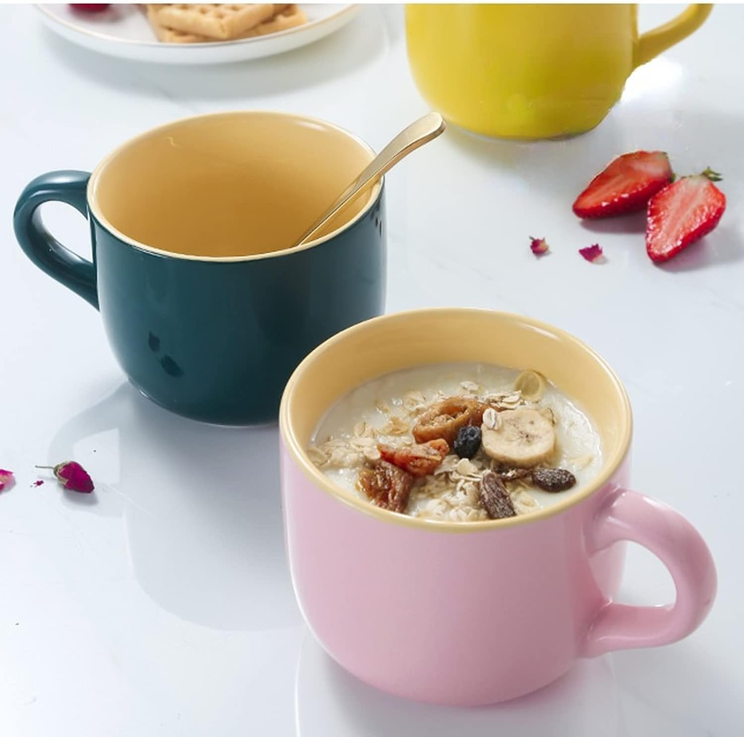 Arawat Large Cup 600Ml Tea Cups Large Ceramic Cappuccino Cups Large Jumbo Cup Soup Bowl with Handle Coffee Cup Large Cereal Bowls with Spoon Coffee Tea Cereal Mug Cup Porcelain image number 5