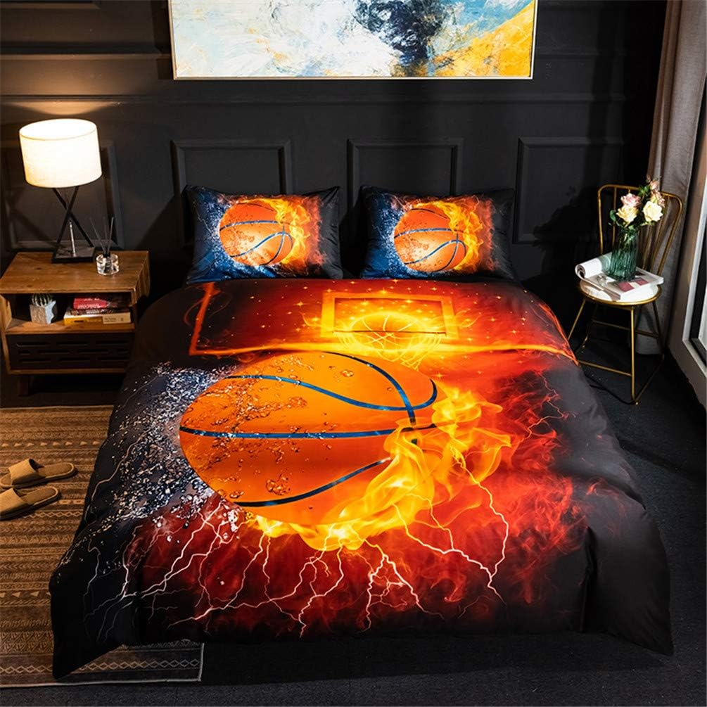 Mozeo 3D Basketball Fire Bedding Duvet Cover Set 3 Piece (1 Duvet Cover+2 Pillowcase) for Teen Boys Sports Microfiber Bedding Quilt (Double Basketball Fire) image number 2