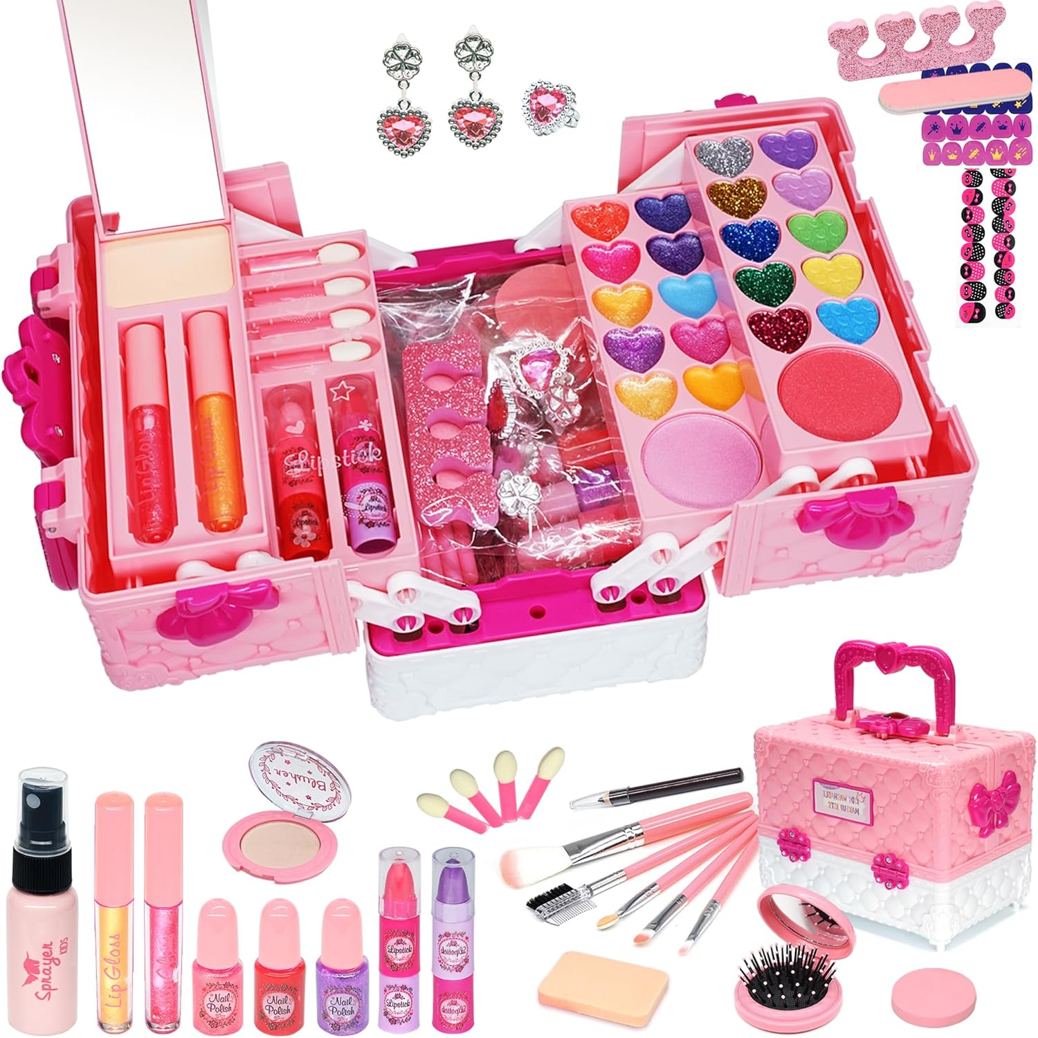 Kids Makeup Kit for Girls - 57 PCS Safe and Washable, Real Cosmetics with Case, Toys for Ages 4-12, Princess-Themed (Pink) image number 4