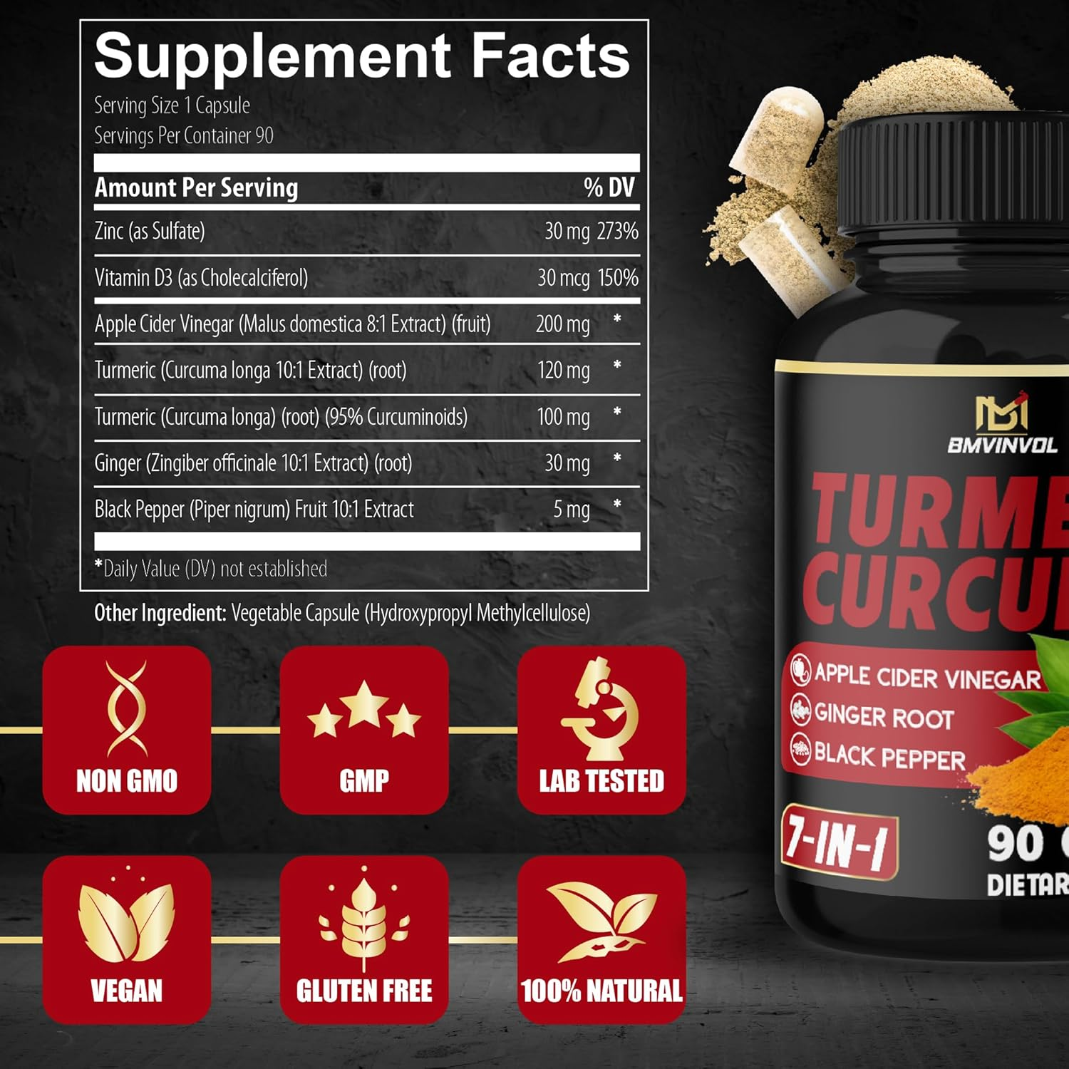 Turmeric Curcumin Supplement - 95% Curcuminoids with Ginger, Apple Cider Vinegar, Black Pepper - 90 Count - 3 Month Supply