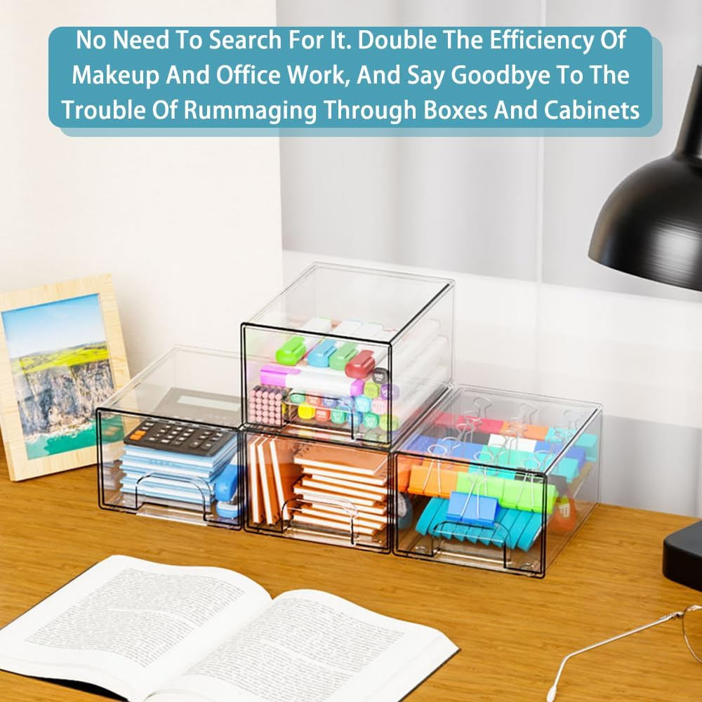 4-Pack Transparent Stackable Storage Boxes, Bathroom Cosmetic Storage Boxes, Drawer-Type Desktop Box, Dust-Proof, Large Capacity, for Dressing Tables, under Sinks, Kitchen Cabinets, Pantry, Home image number 4