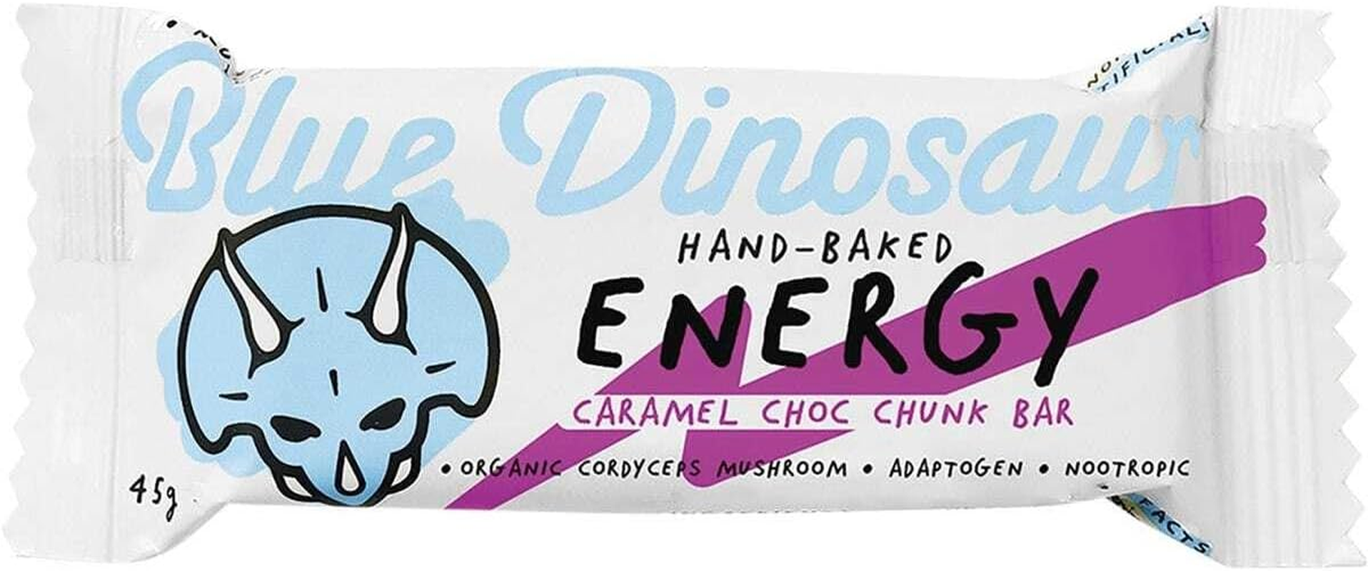 Blue Dinosaur Caramel Choc Chunk Energy Bars 12 X 45G Box - Hand-Baked - Nootropic - Adaptogen - Organic Cordyceps Mushroom - Plant Based - Grain Free - Gluten Free - Nothing Artificial image number 2