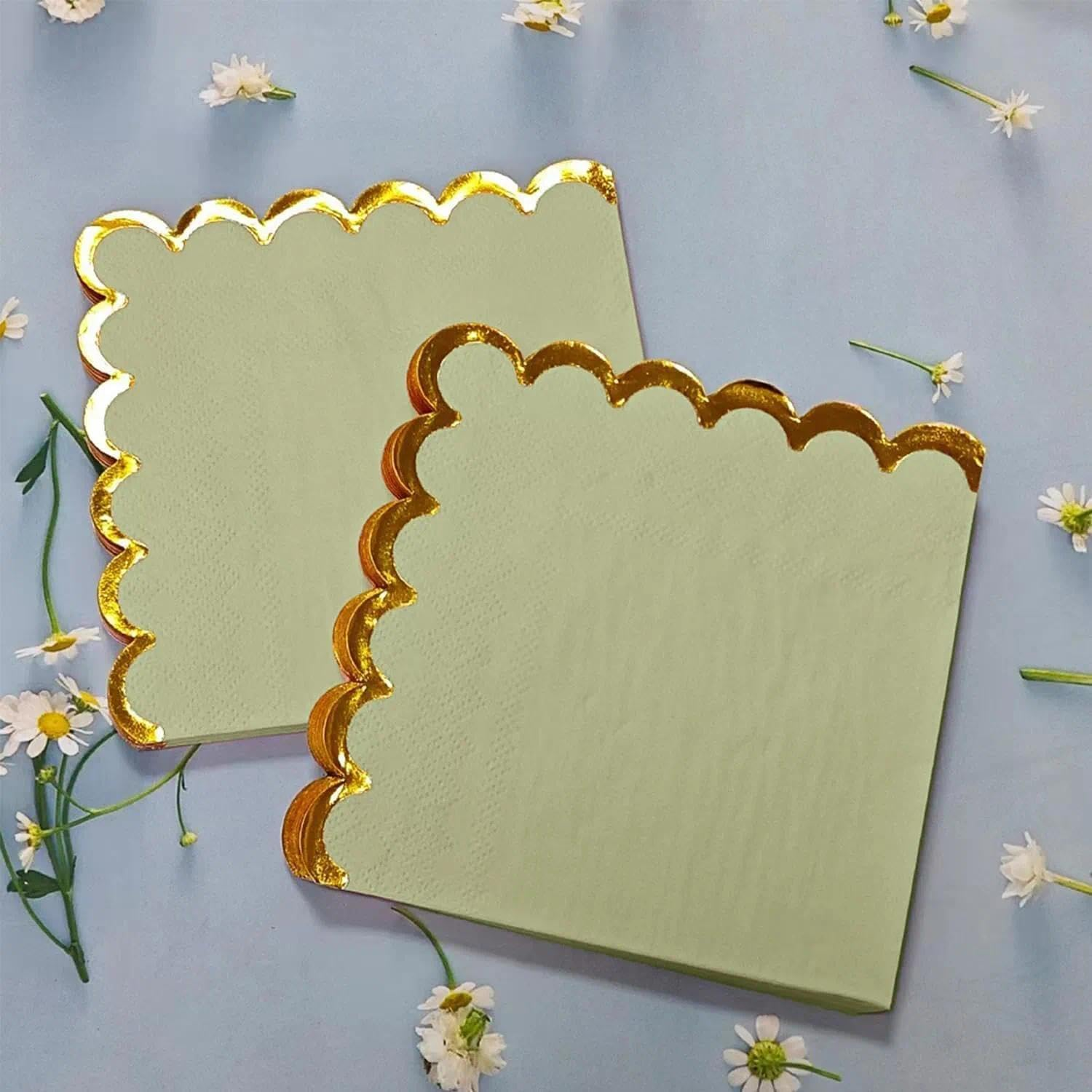 100 Pack Green Cocktail Napkins with Gold Foil Accents Scalloped Edges 5 X 5 Inch Beverage Disposable Napkin Party Decoration Wedding Bridal and Baby Shower Dinner Lunch Supplies image number 4
