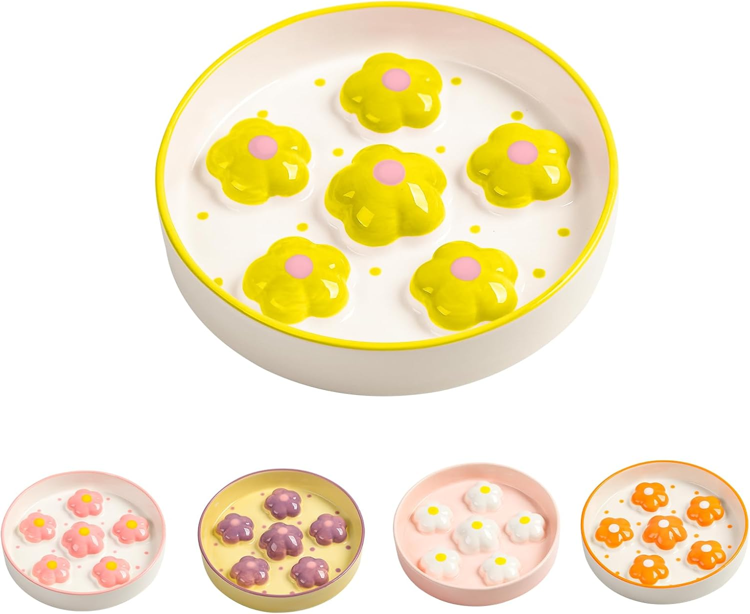 Ceramic Slow Feeder Bowl for Cats - Healthy Eating Colorful Design - Cute Food Plate Puzzle Feeder Dish - Dishwasher Safe - 6.3" W X 1.2" H - 6 OZ - Yellow Flowers - Pink image number 2