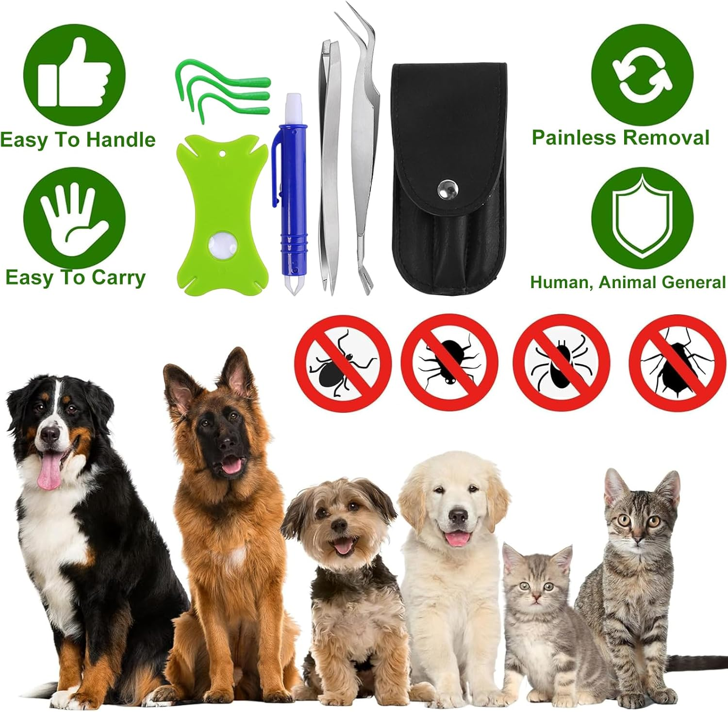 Vireeyu 7-Piece Stainless Steel Flea & Tick Removal Tool Set - Safe Tick Protection for Dogs, Cats, Pets & People - Includes Tick Tweezers, Hook, Card & More